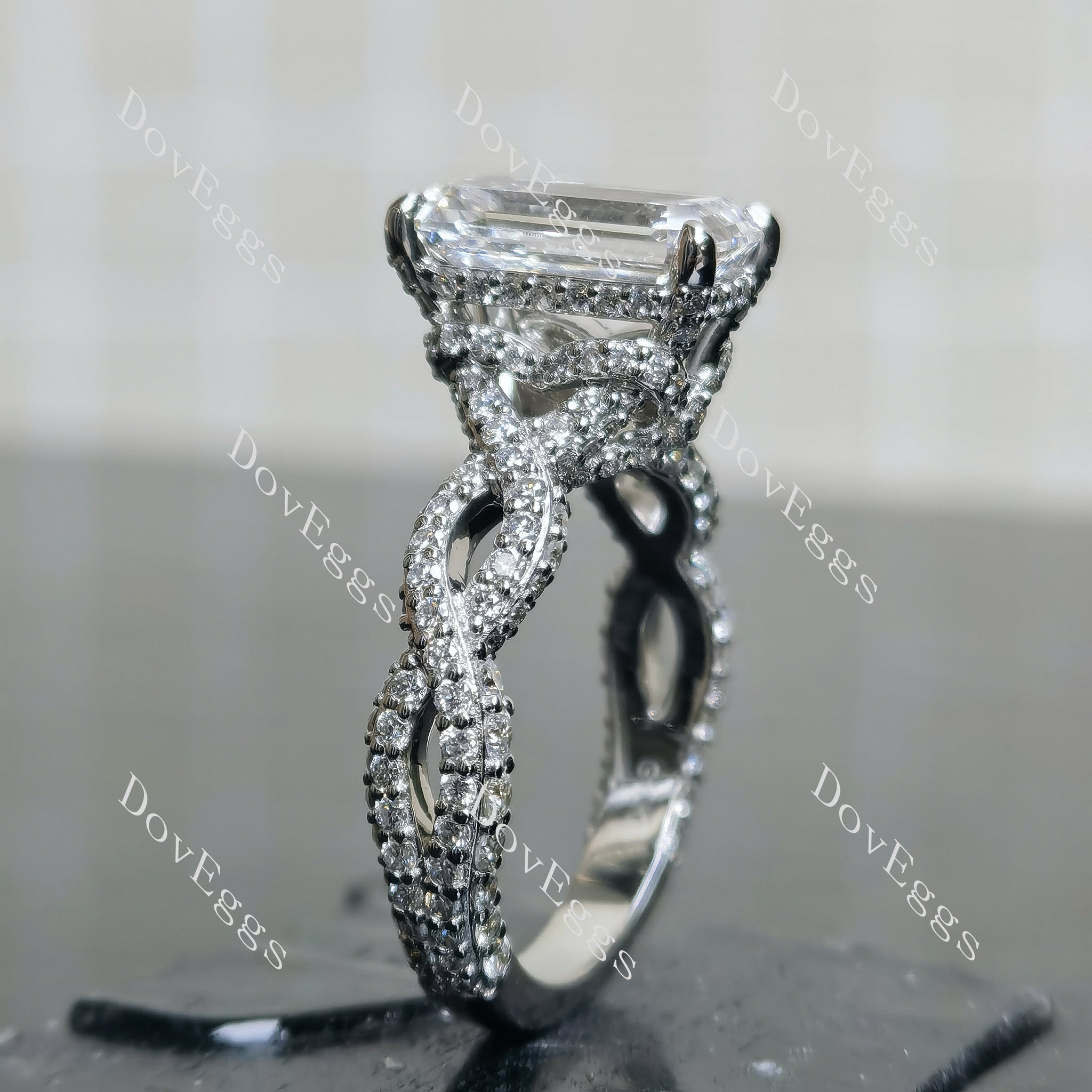 Doveggs emerald split shanks pave moissanite engagement ring