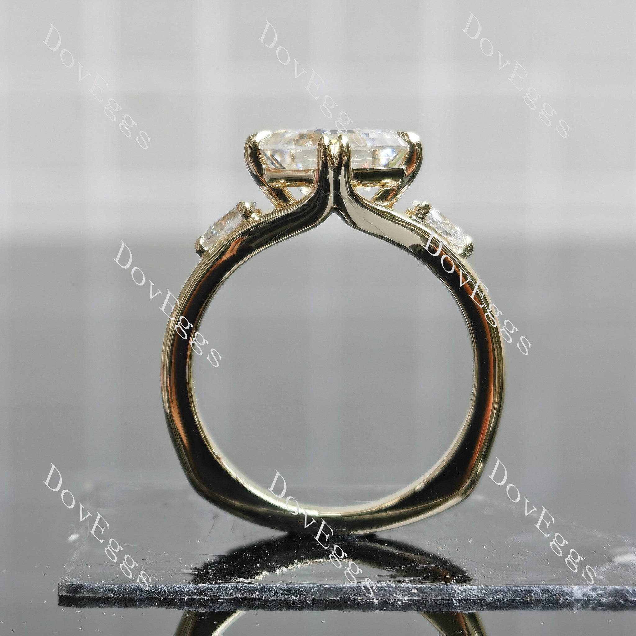 Doveggs asscher three stones split shanks colored moissanite engagement ring