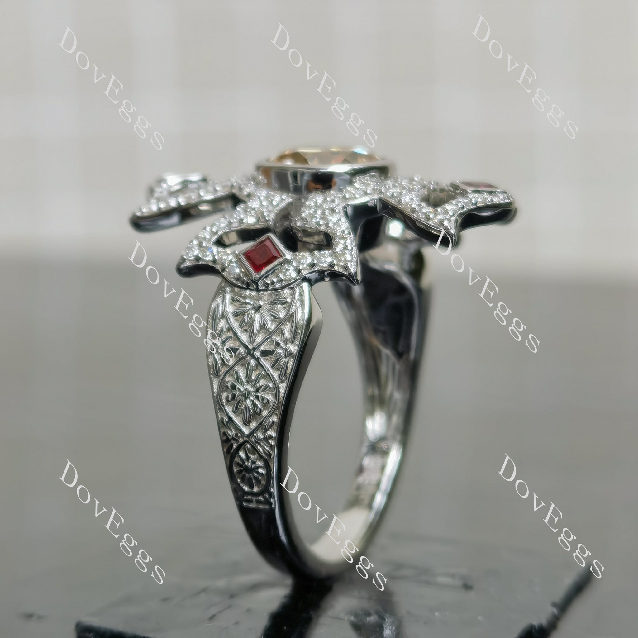 (size 5) Doveggs sterling silver 2ct Round champagne moissanite engagement ring