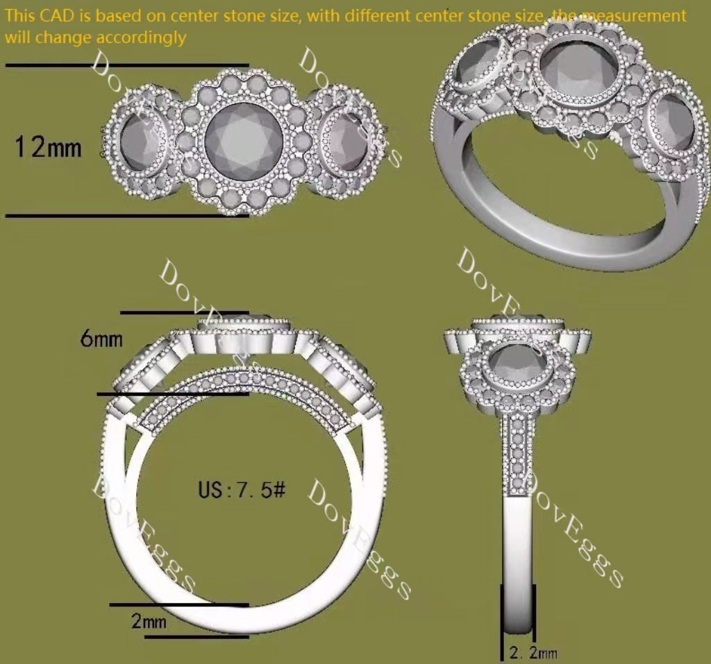 Doveggs round bezel three-stone colored gem engagement ring