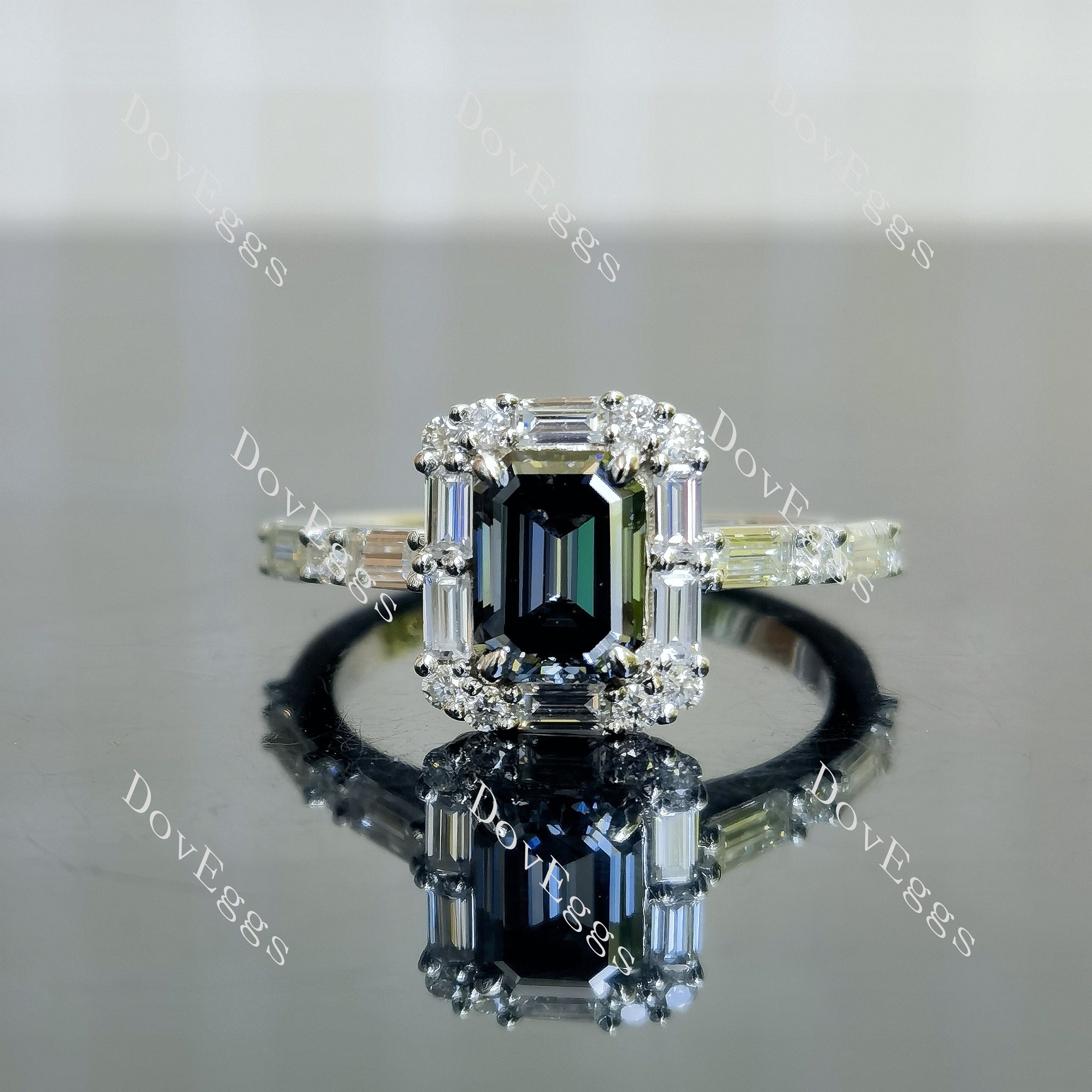 Doveggs elongated krupp cut halo pave stardust grey moissanite engagement ring