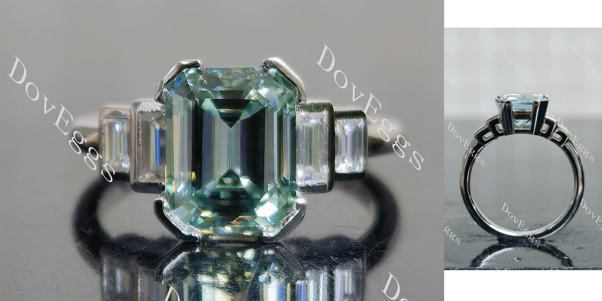 emerald bezel side stones colored moissanite engagement ring