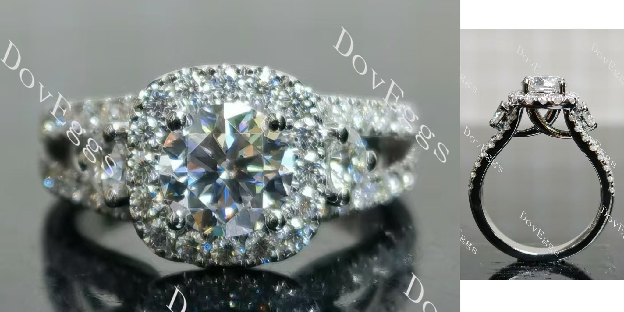 round halo side stones split shanks moissanite engagement ring