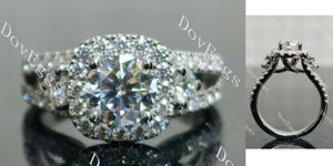 round halo side stones split shanks moissanite engagement ring