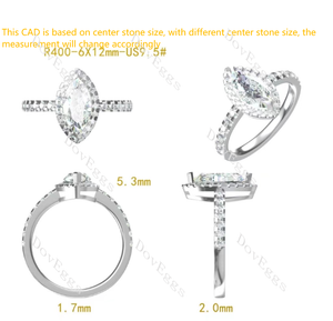 Doveggs Marquise Modified H&A cut halo pave moissanite engagement ring