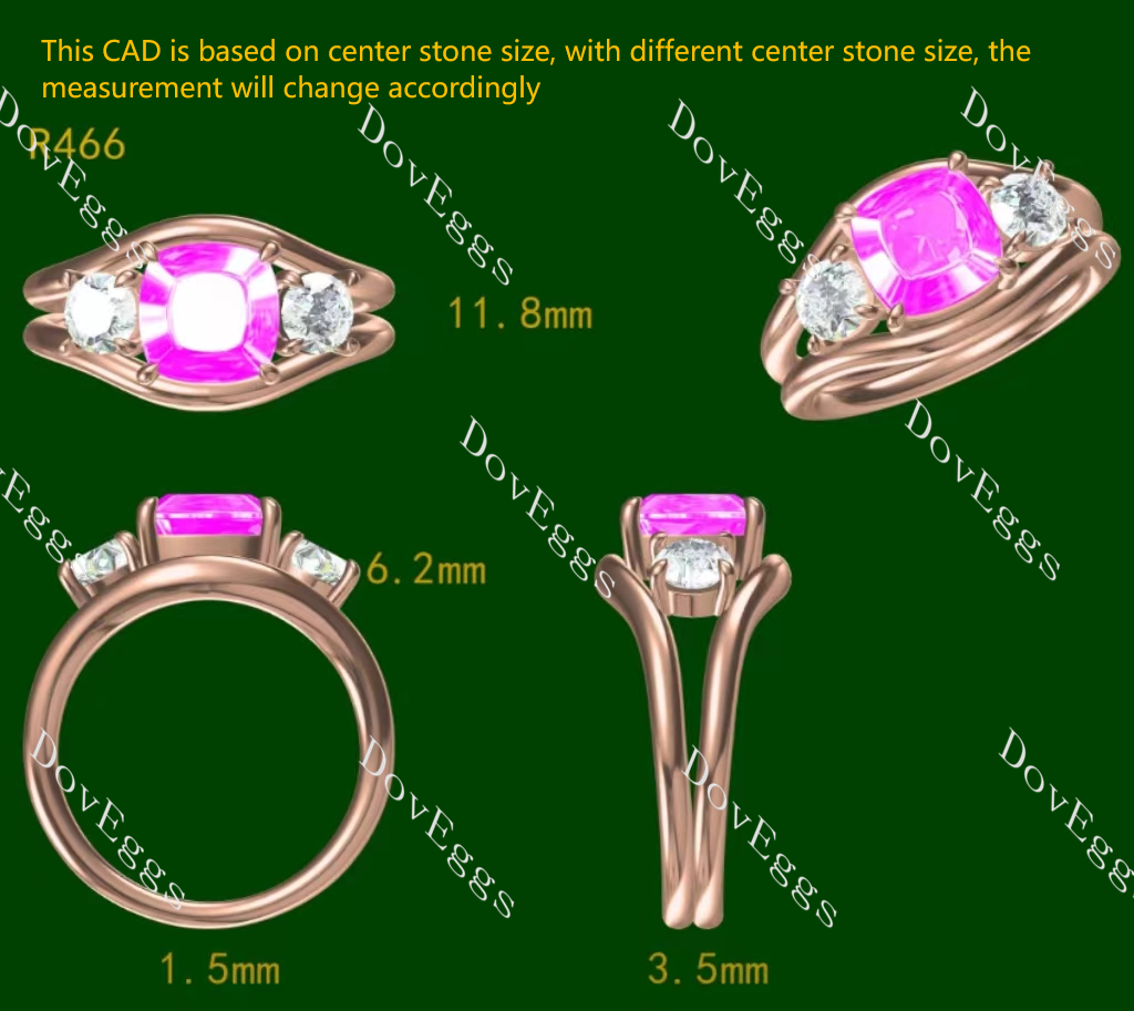 Jadea cushion pave split shanks three stones colored gem engagement ring