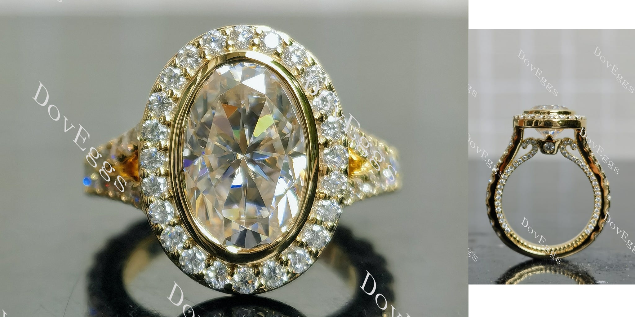 Doveggs oval bezel halo split shanks 3/4 enternity moissanite engagement ring