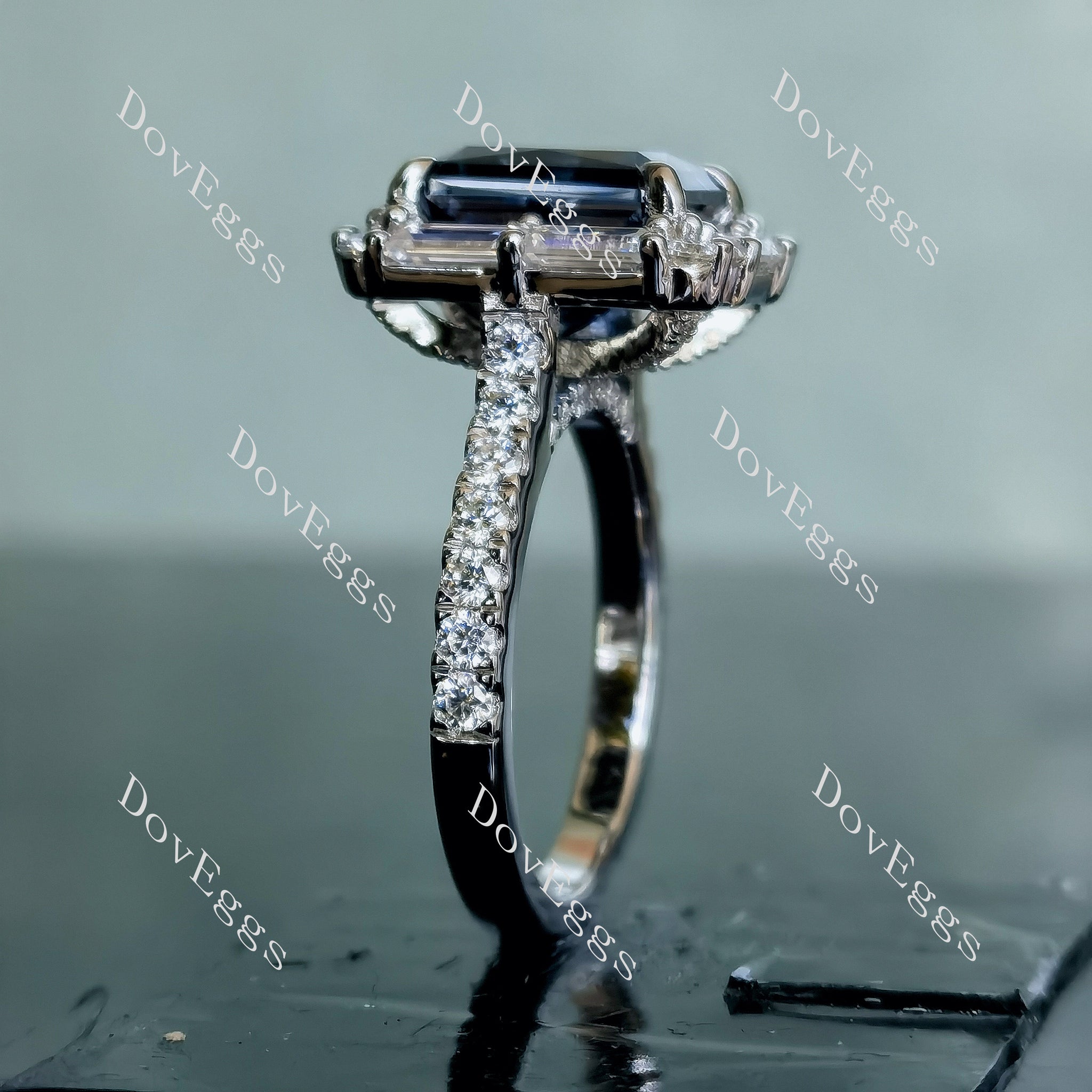 Doveggs radiant halo pave twilight blue moissanite engagement ring