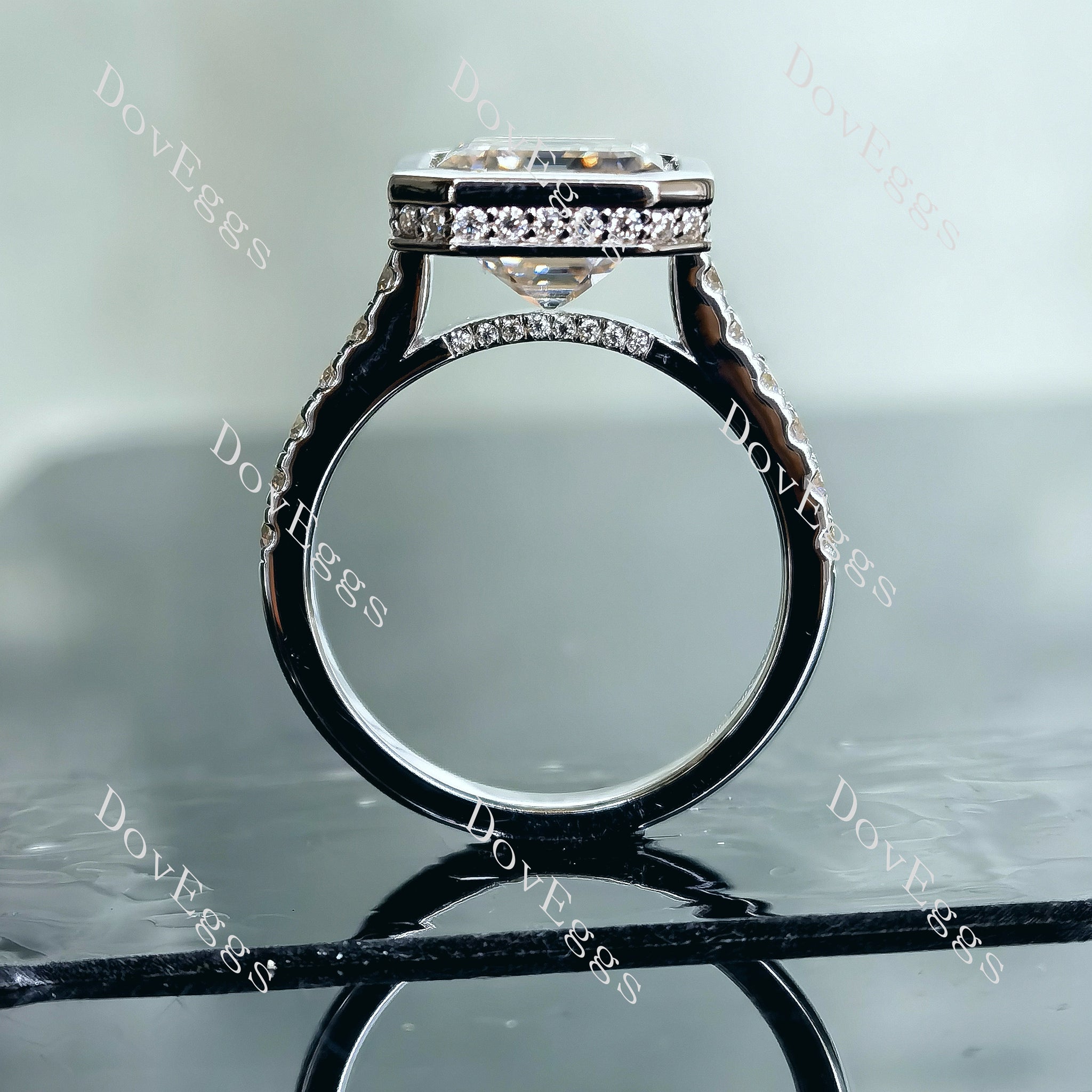 Doveggs Elizabeth Taylor Krupp cut bezel half eternity pave moissanite engagement ring