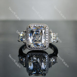 The Aunt Gabby three stone halo criss cut moissanite engagement ring