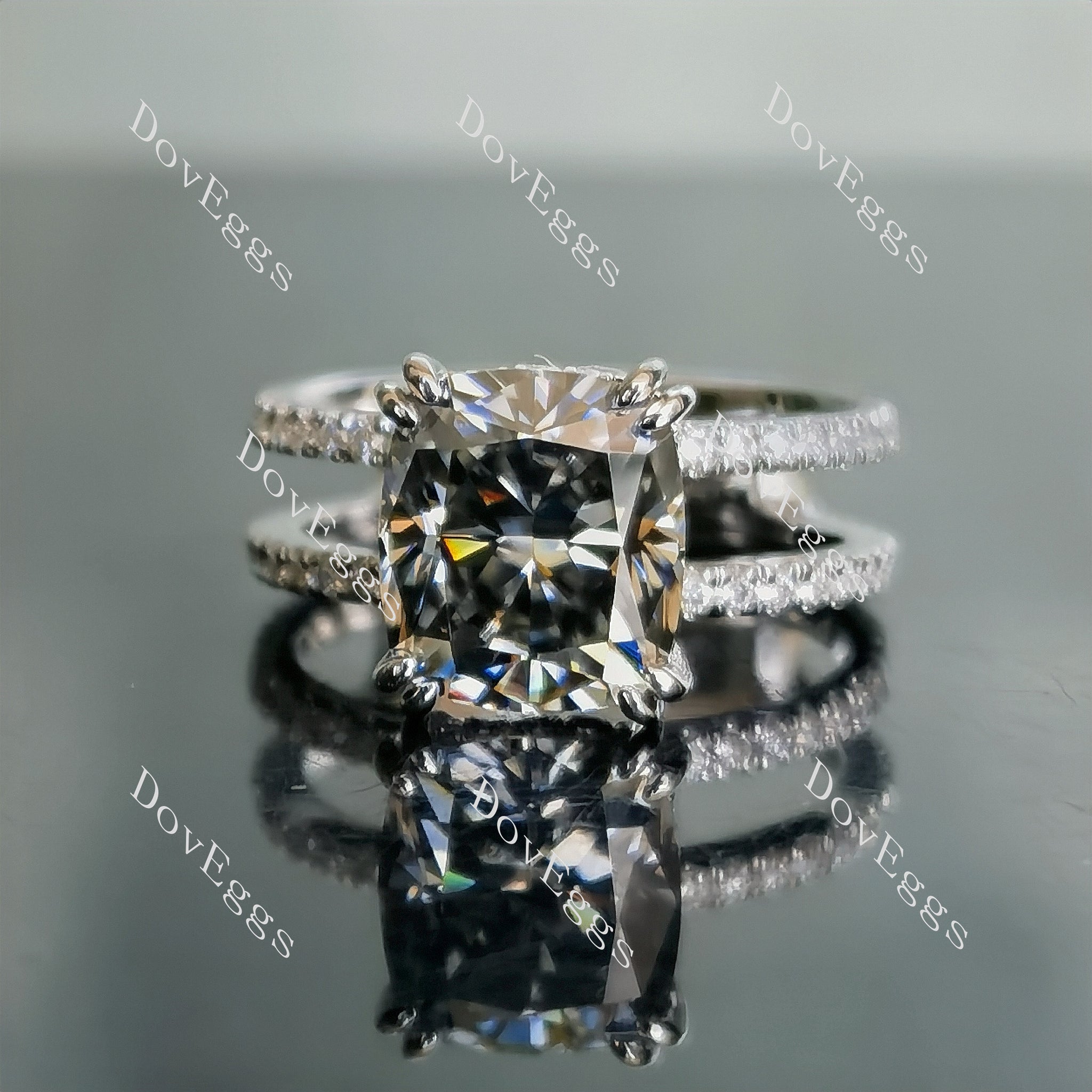 Doveggs cushion two pave setting stardust grey moissanite engagement ring