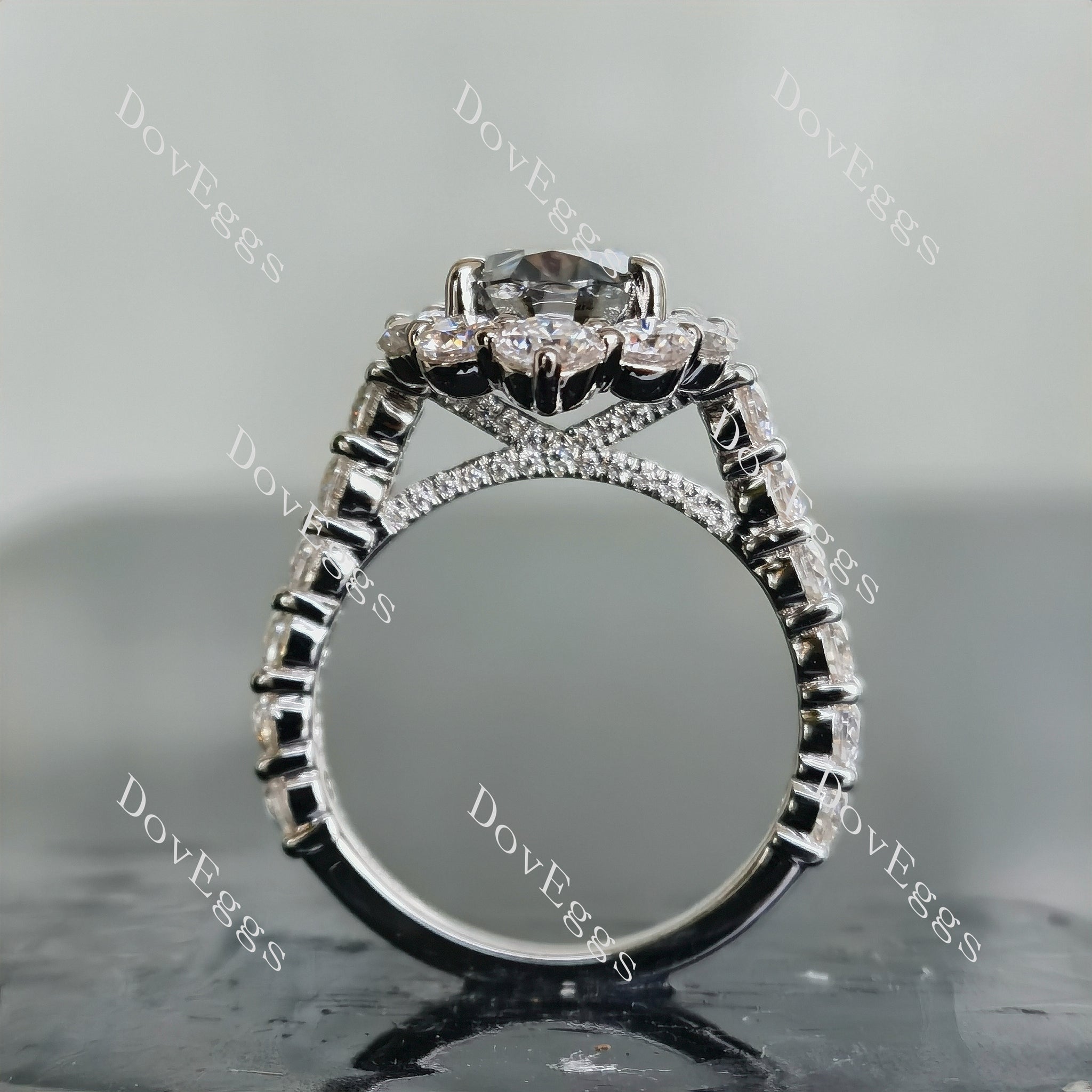 The Julie oval floral stardust grey halo Pave Ring