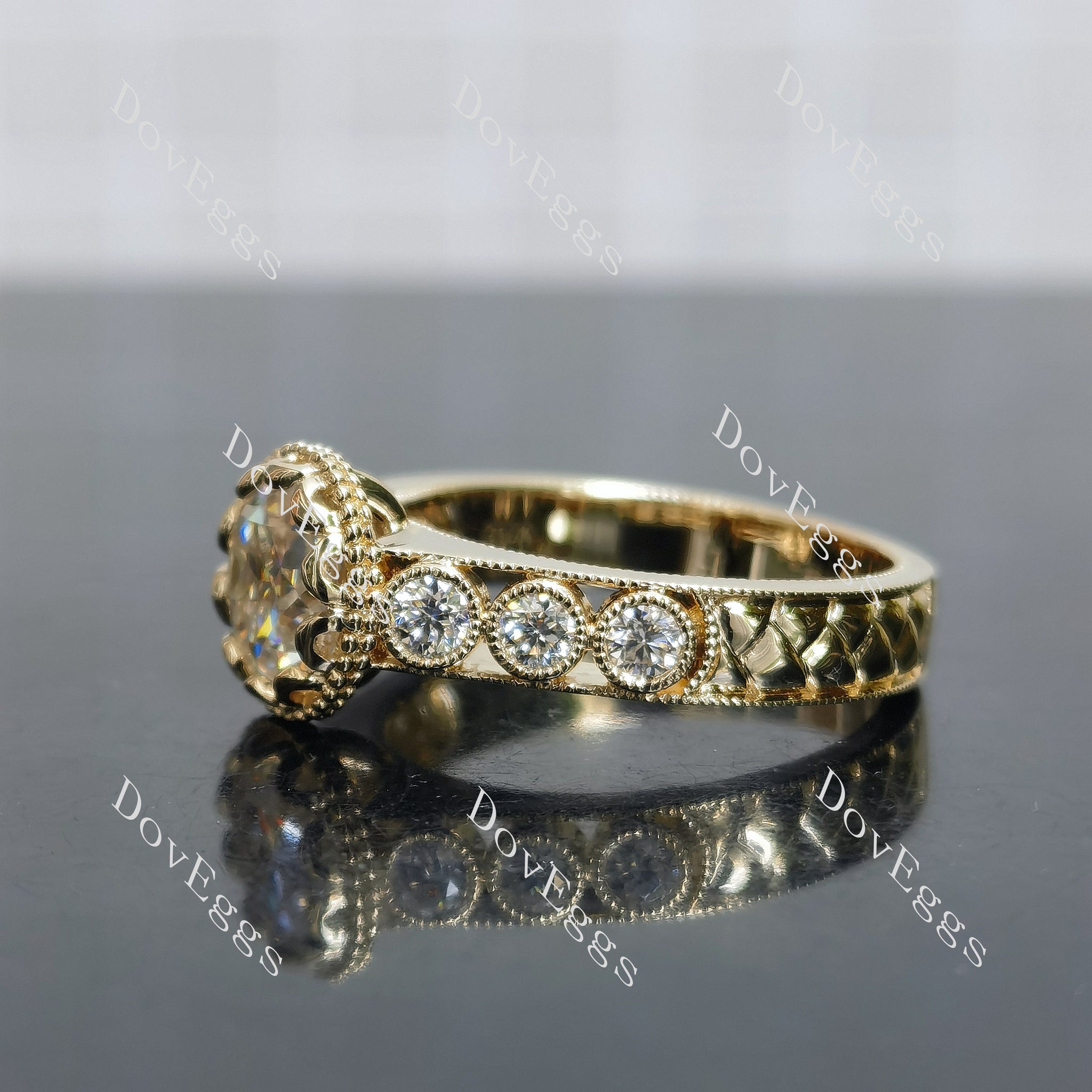 Doveggs round bezel pave art deco vintage moissanite engagement ring