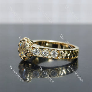 Doveggs round bezel pave art deco vintage moissanite engagement ring