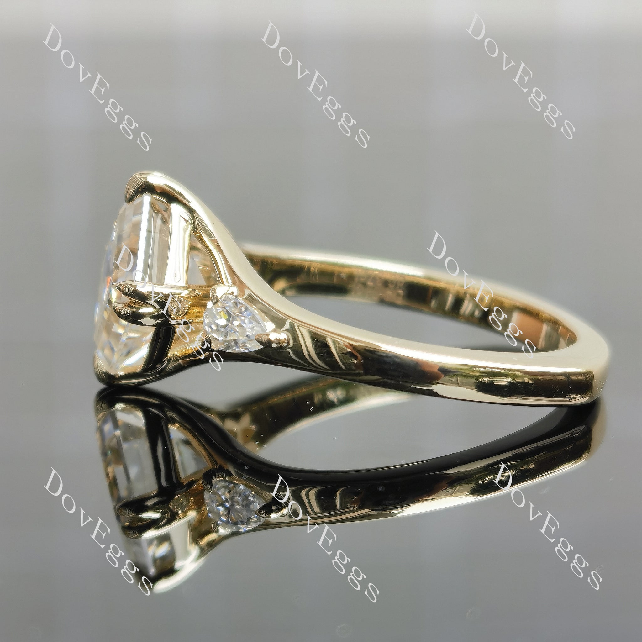 Doveggs asscher three stones split shanks colored moissanite engagement ring