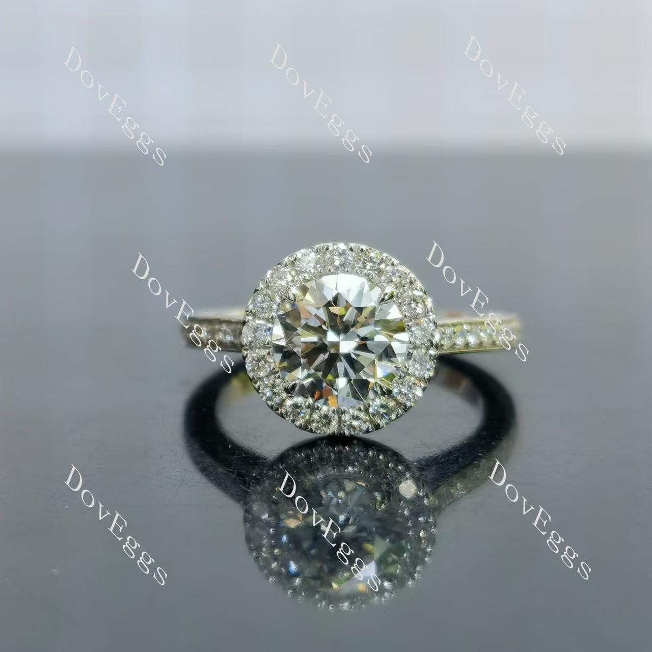 Doveggs round halo pave vintage moissanite engagement ring