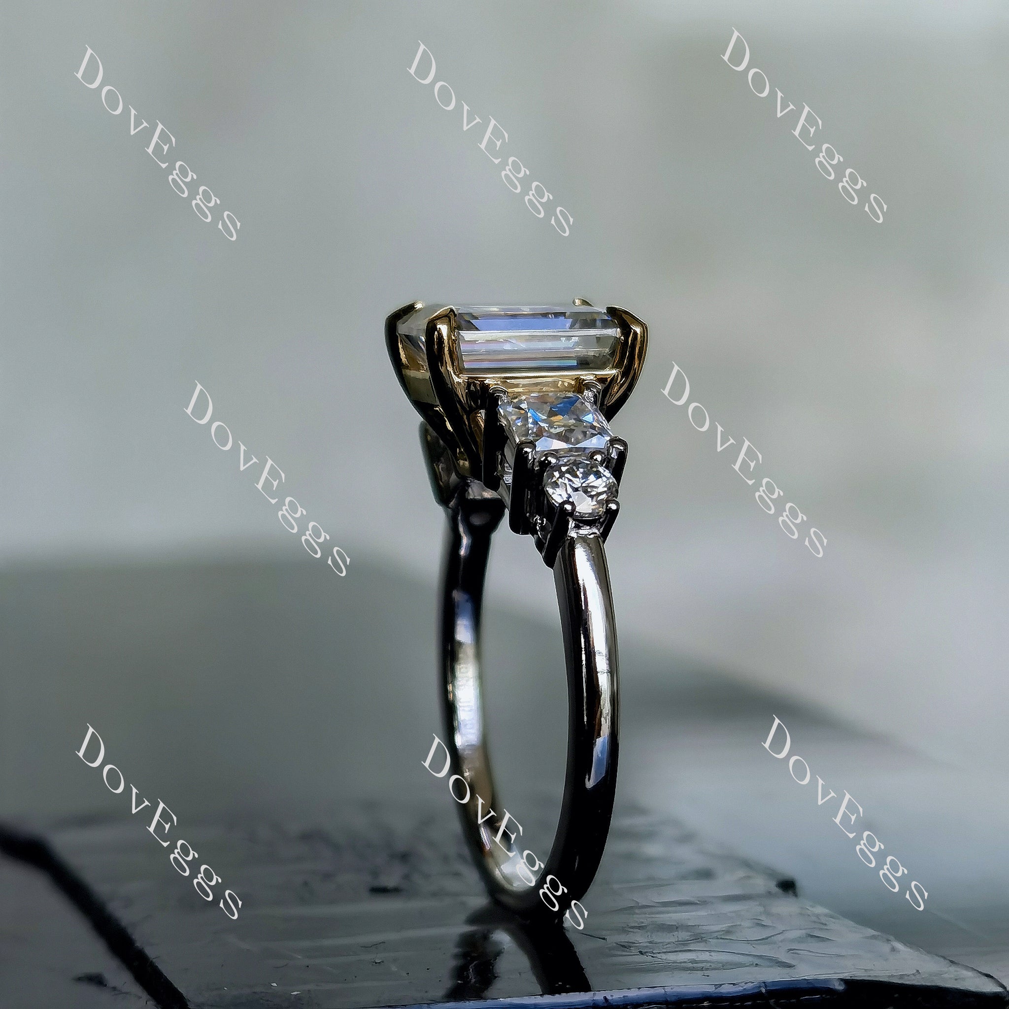 Doveggs emerald side stones moissanite engagement ring
