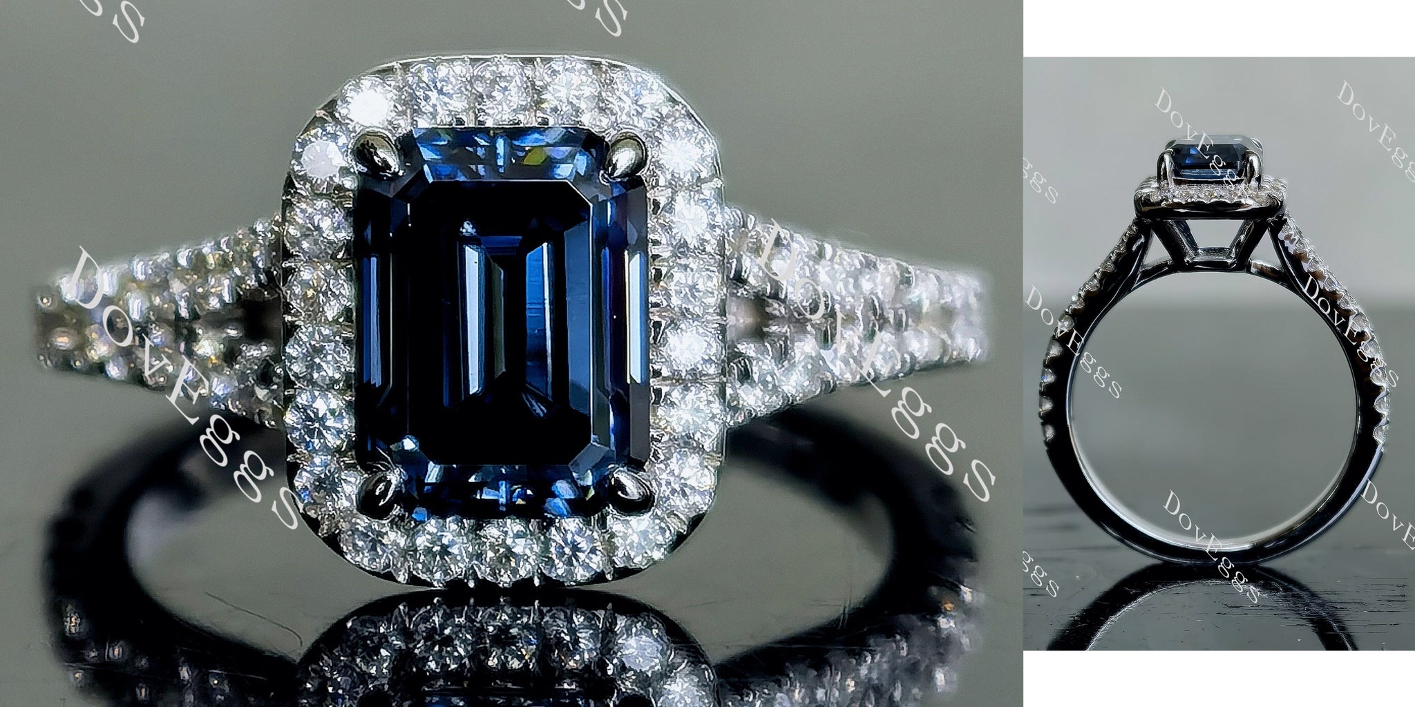 DovEggs emerald split shank pave halo twilight blue moissanite engagement ring