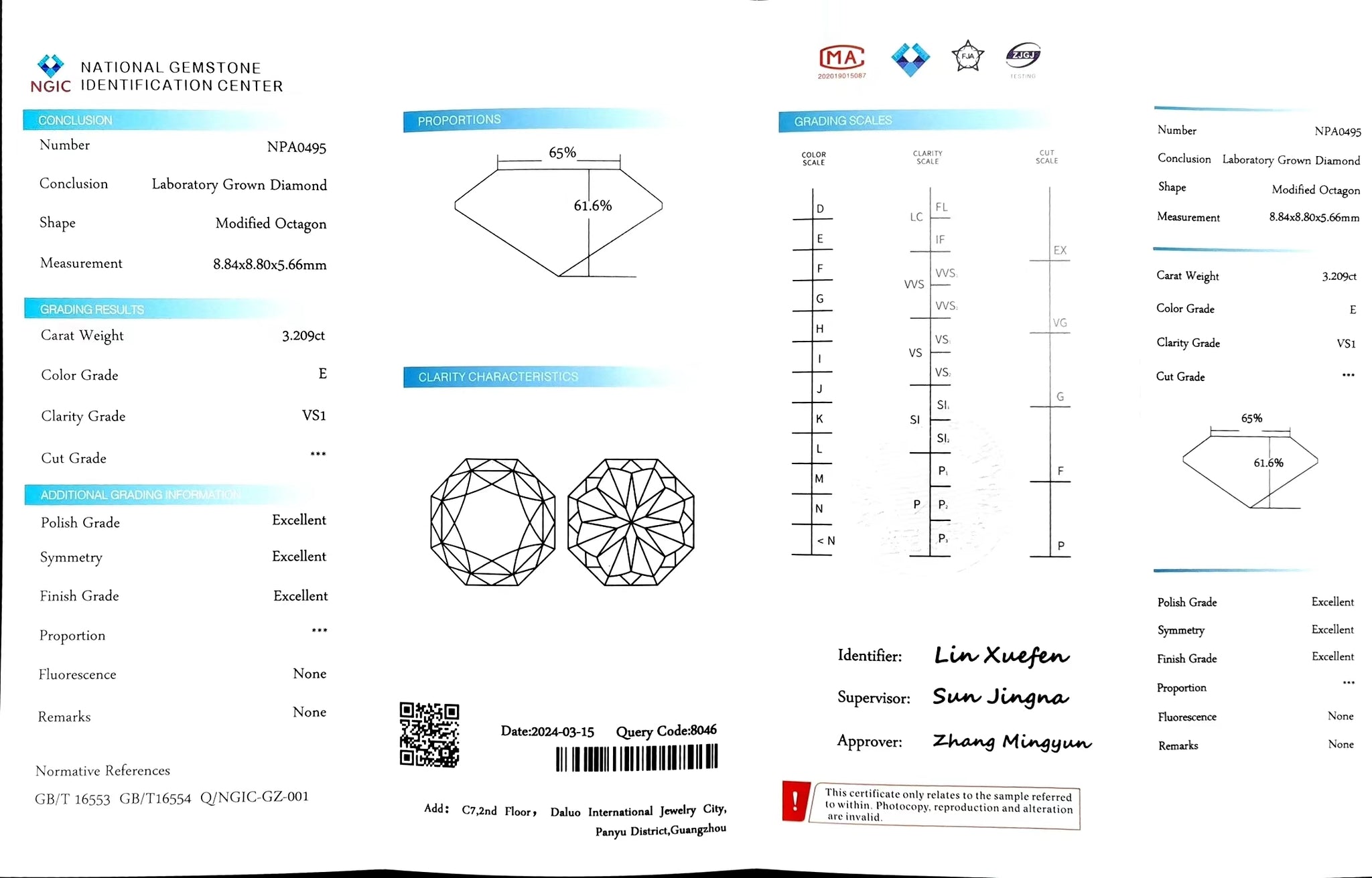Doveggs 3.209ct Modified Octagon E color VS1 Clarity Excellent cut lab diamond stone(certified)