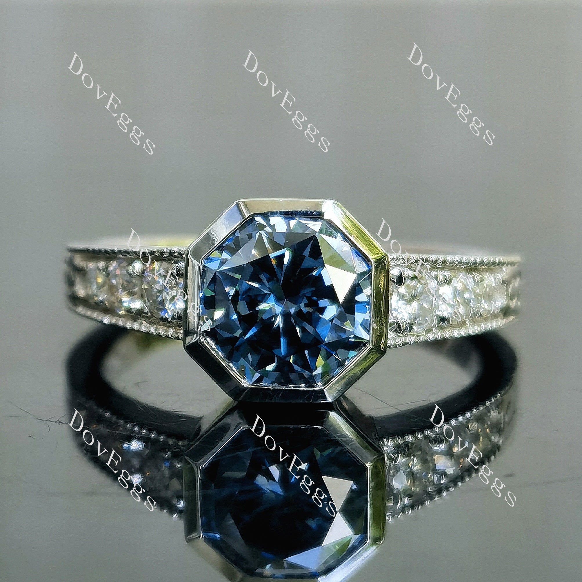 Doveggs octagon bezel pave twilight blue moissanite engagement ring