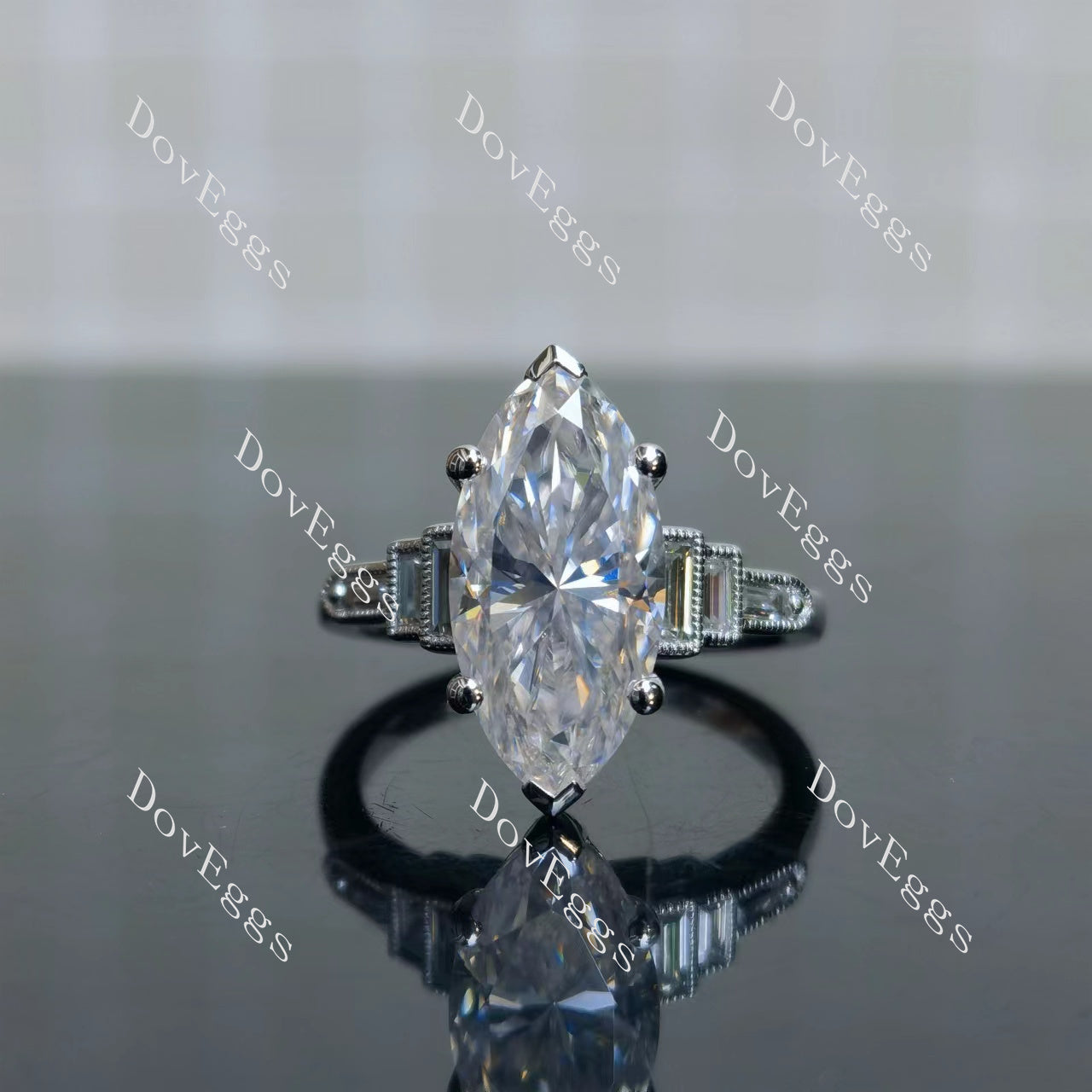 Doveggs Marquise Modified H&A cut pave side stones moissanite engagement ring