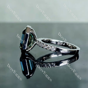 Doveggs elongated krupp cut bezel half eternity pave colored moissanite engagement ring