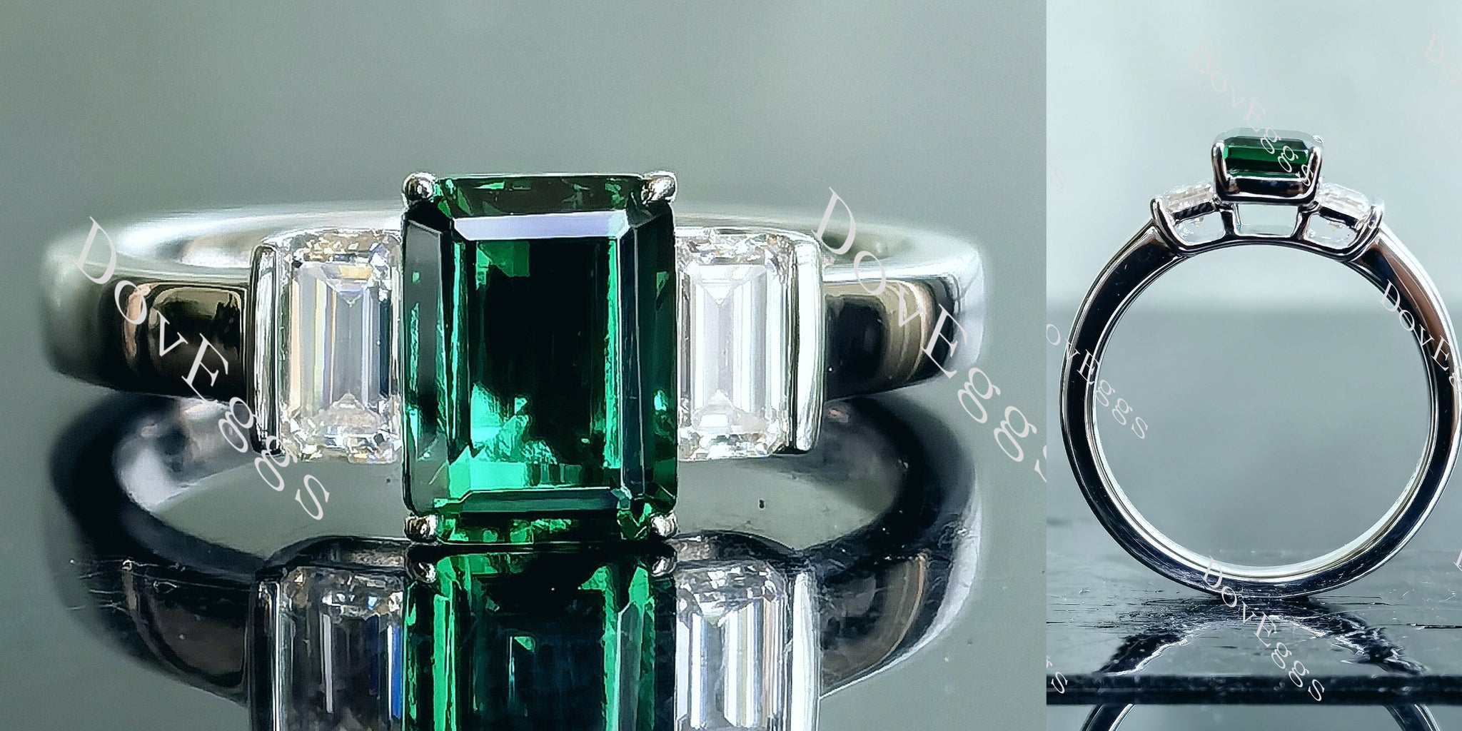 three-stone colored gem engagement ring