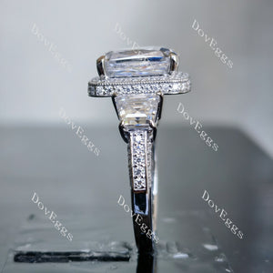 The Aunt Gabby three stone halo criss cut moissanite engagement ring