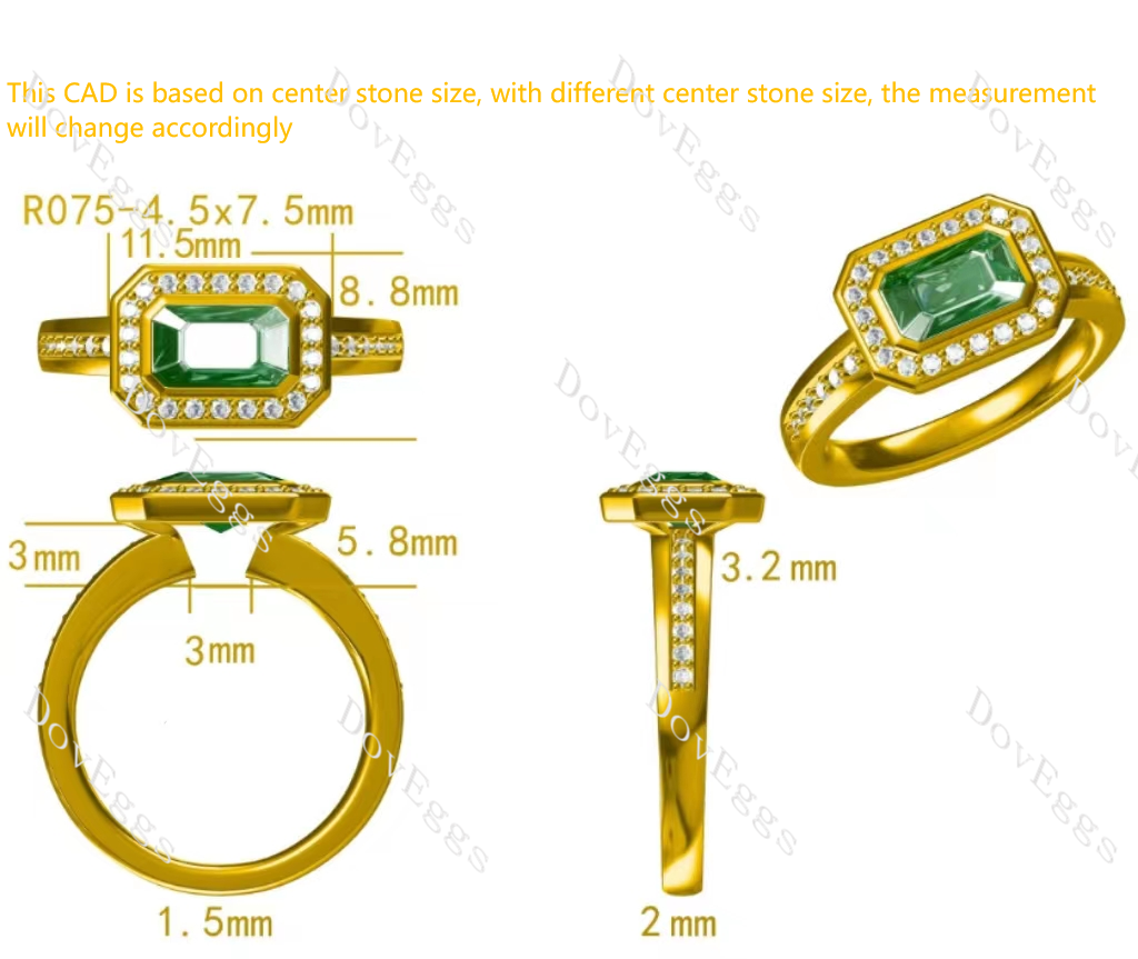 Doveggs elongated emerald halo colored gem engagement ring