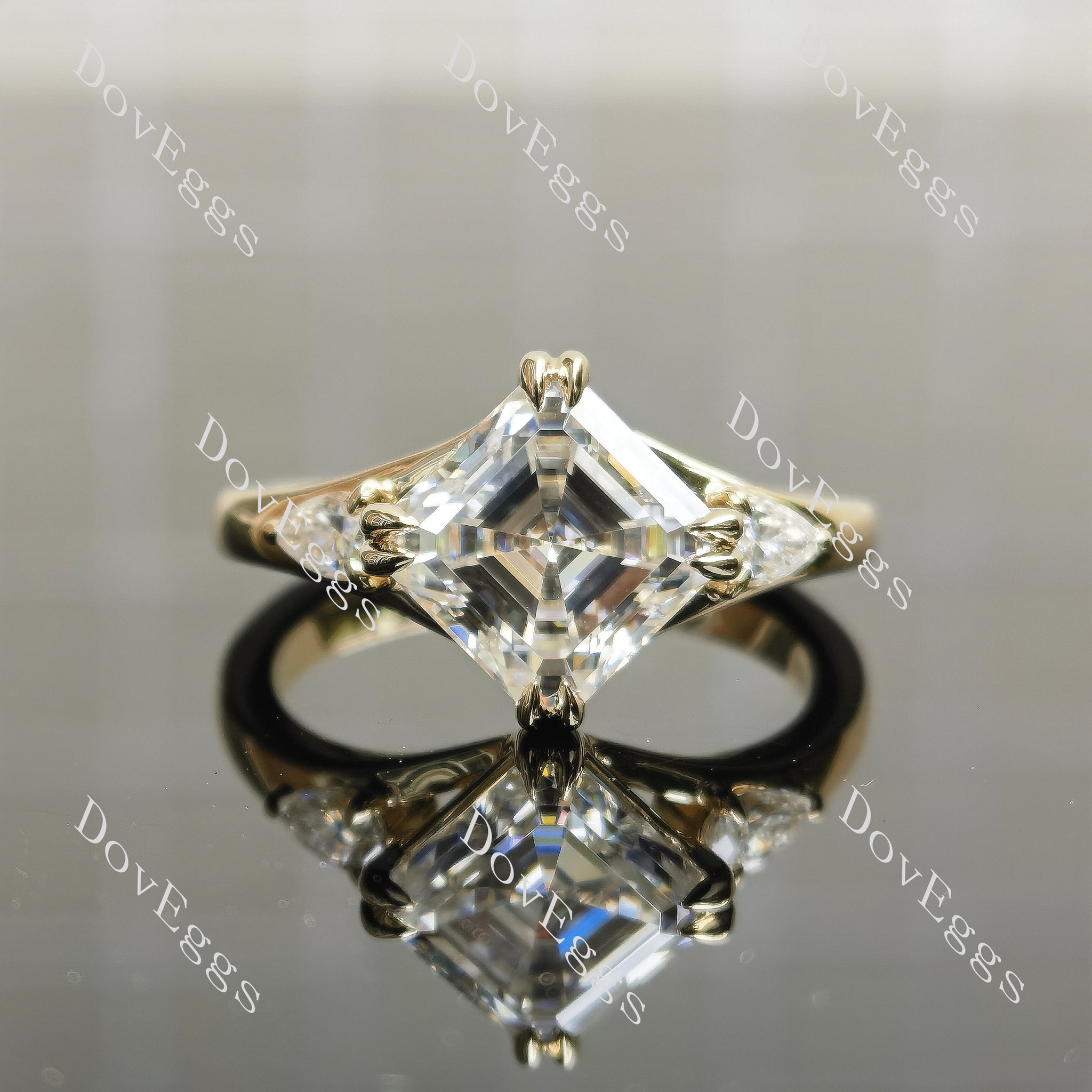 Doveggs asscher three stones split shanks colored moissanite engagement ring