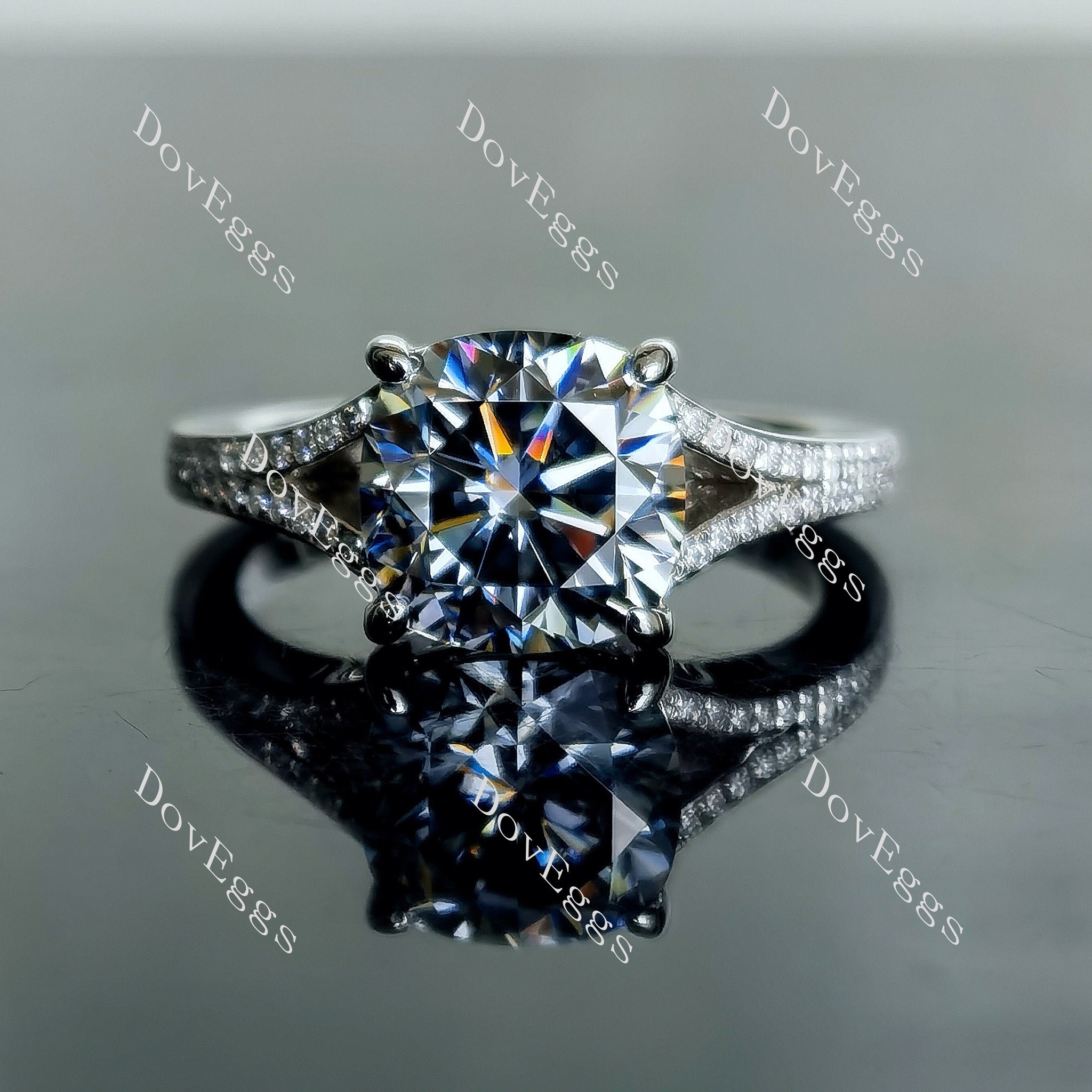 Doveggs half eternity pave split shank twilight blue moissanite engagement ring