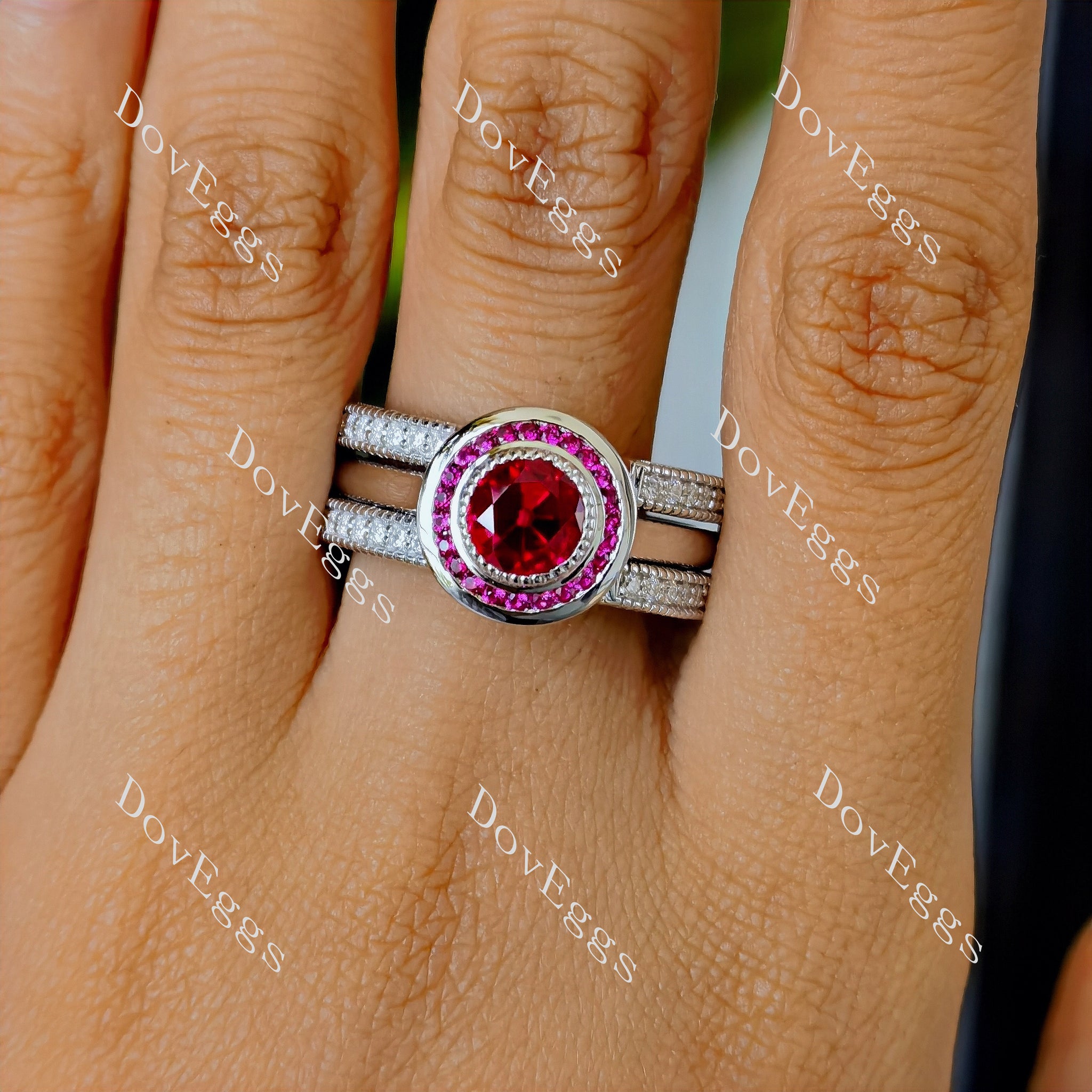 Doveggs round bezel channel set colored gem engagement ring