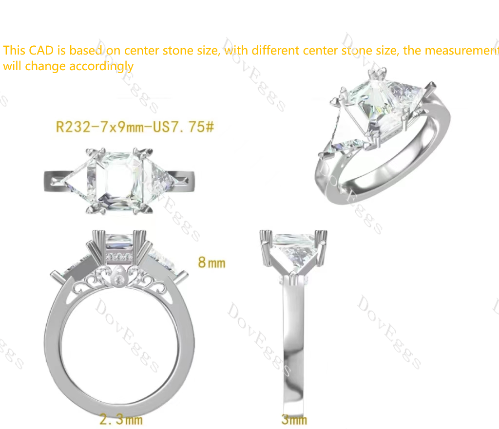 Doveggs elongated Krupp cut three-stone moissanite engagement ring