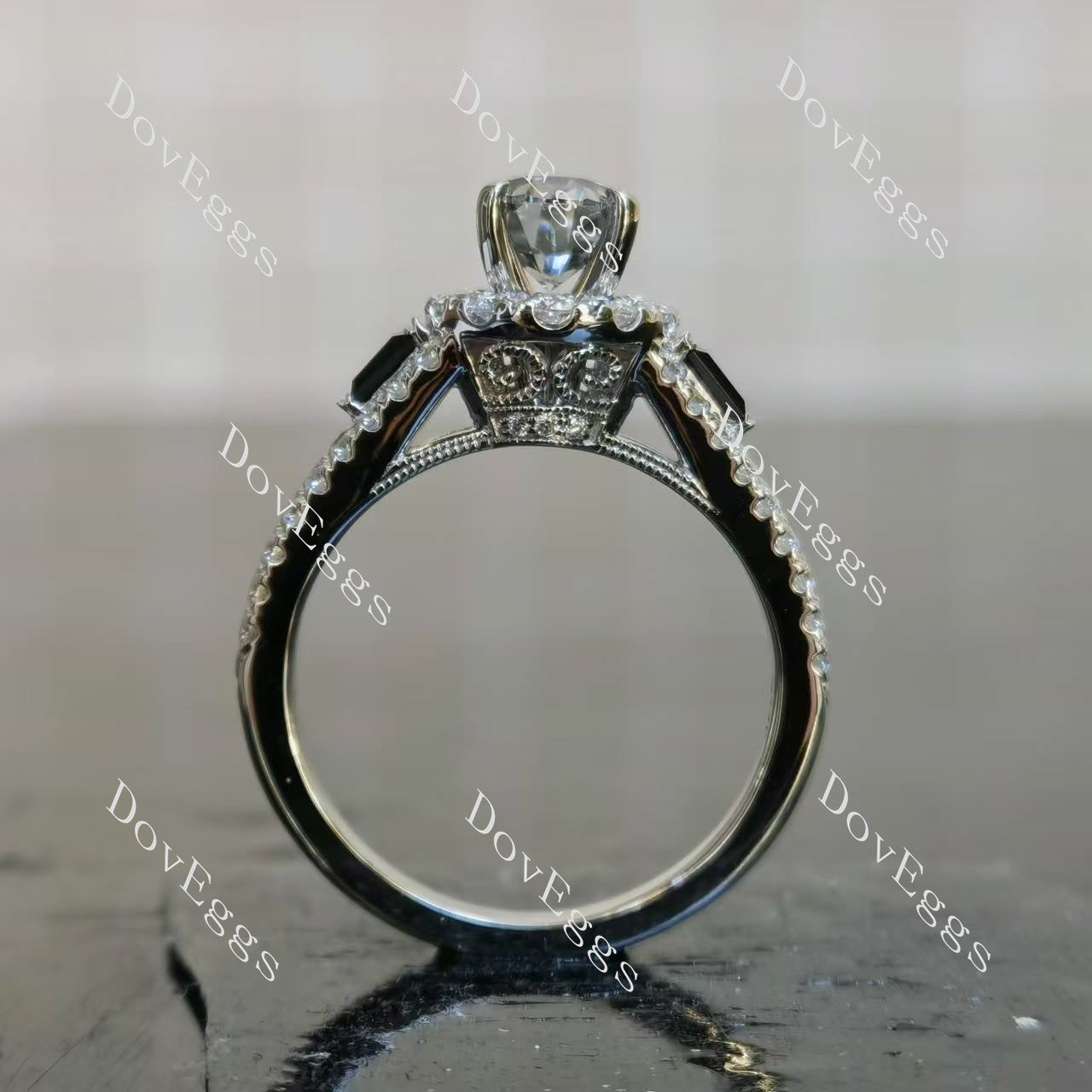 Trayce oval halo pave vintage stardust grey moissanite engagement ring