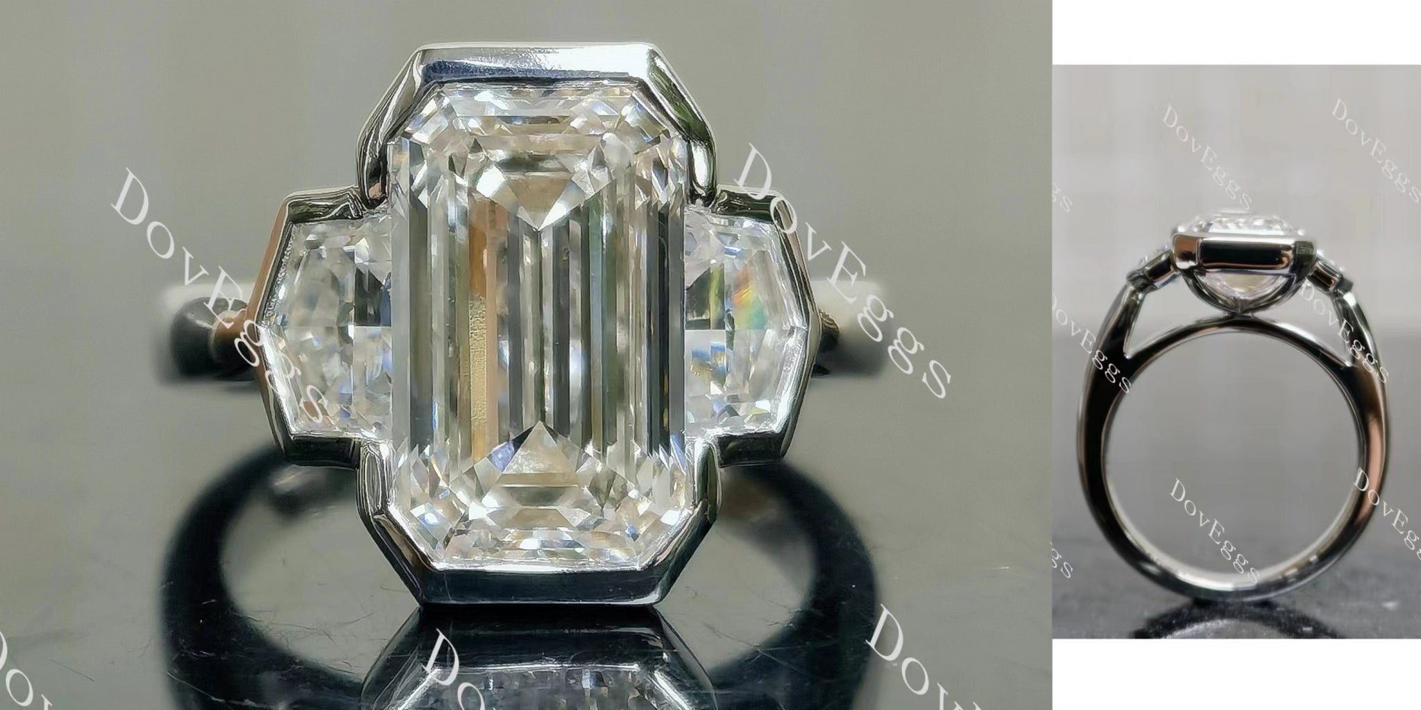 Cheryl G Emerald Bezel Three Stones Lab Grown Diamond Engagement Ring
