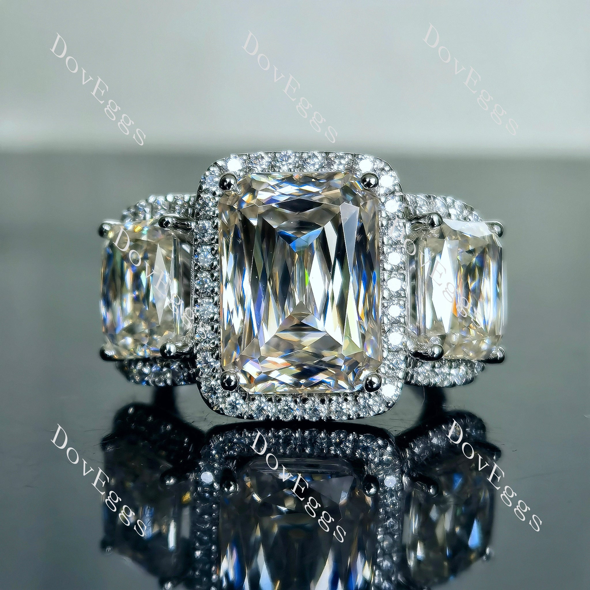 Doveggs criss cut three-stone halo pave moissanite engagement ring