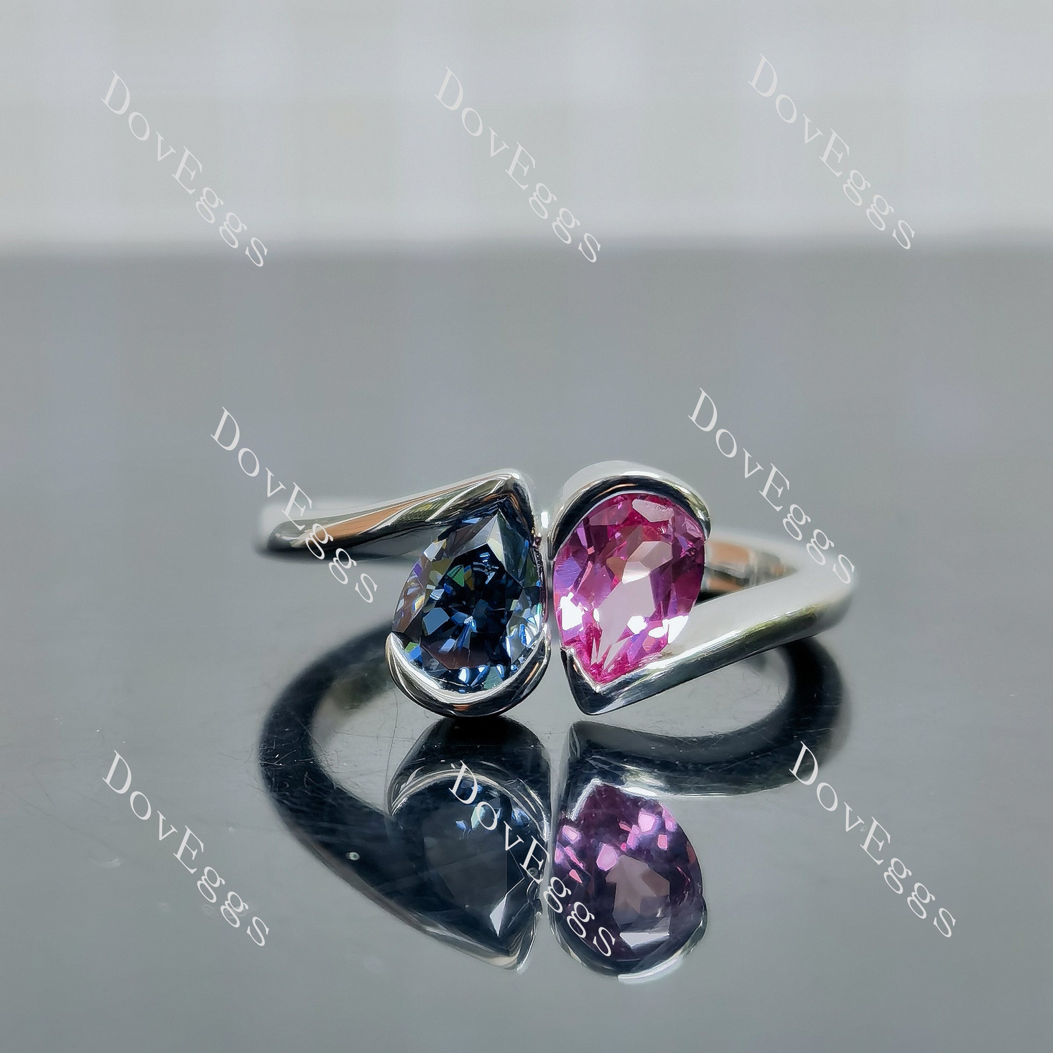 Doveggs pear pave two stones twilight blue moissanite & colored gem moissanite engagement ring