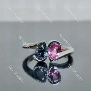 Doveggs pear bezel two stones twilight blue moissanite & colored gem moissanite engagement ring