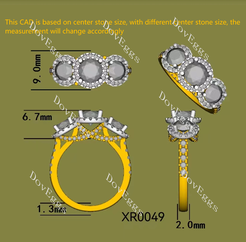 Doveggs Round Three-stone Halo Lab Grown Diamond Engagement Ring