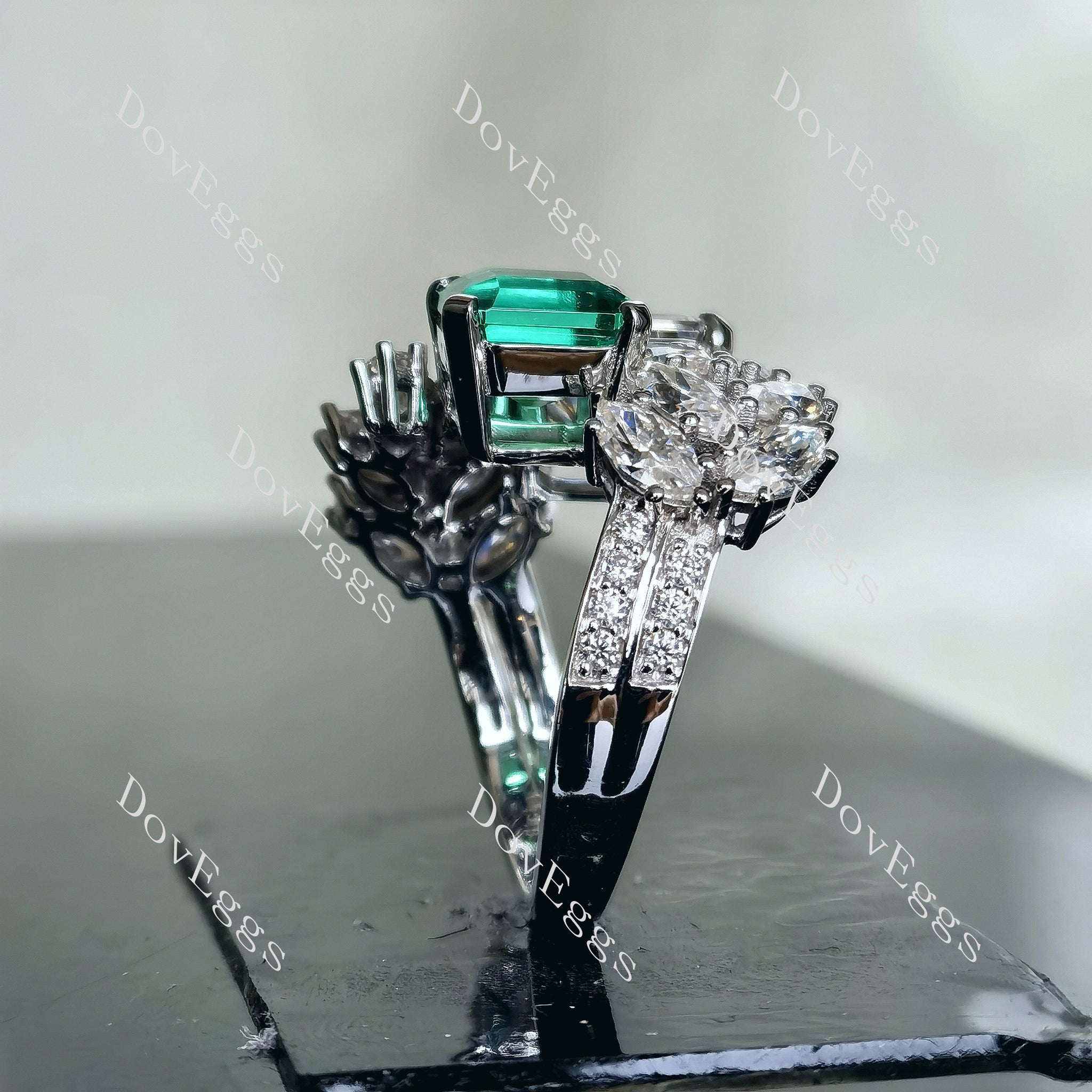 The Kennedy emerald asscher two stones moissanite and colored gem engagement ring