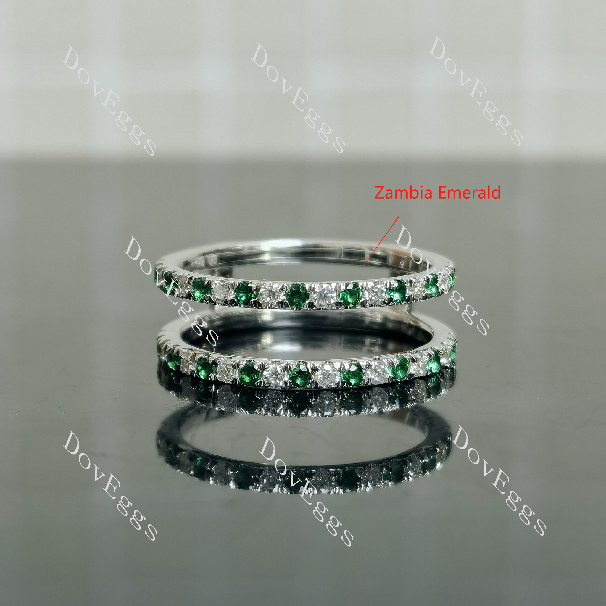 Doveggs round half eternity pave moissanite/lab grown diamond & colored gem wedding band-7.2mm band width