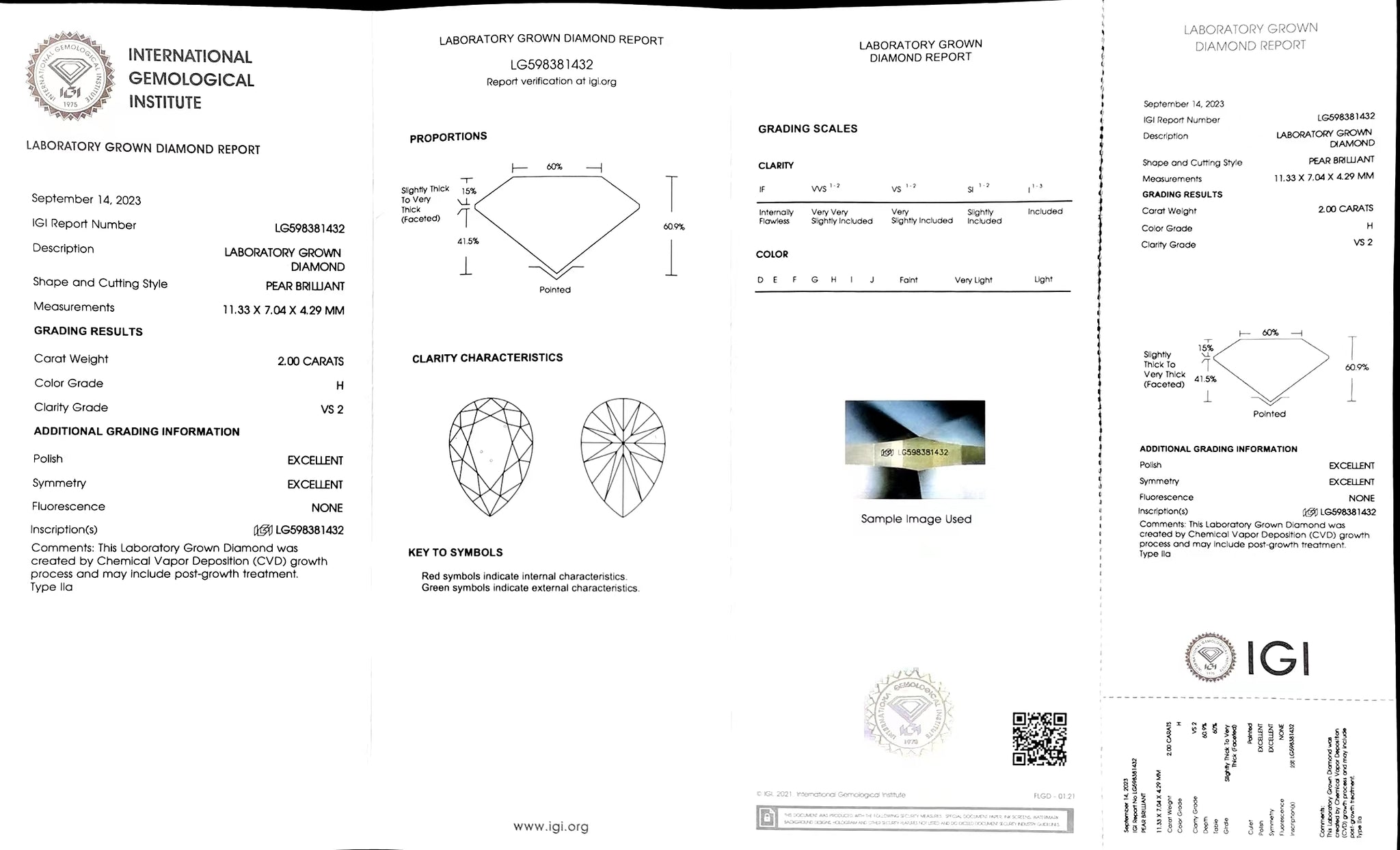 Doveggs 2.00ct pear H color VS2 Clarity Excellent cut lab diamond stone(certified)