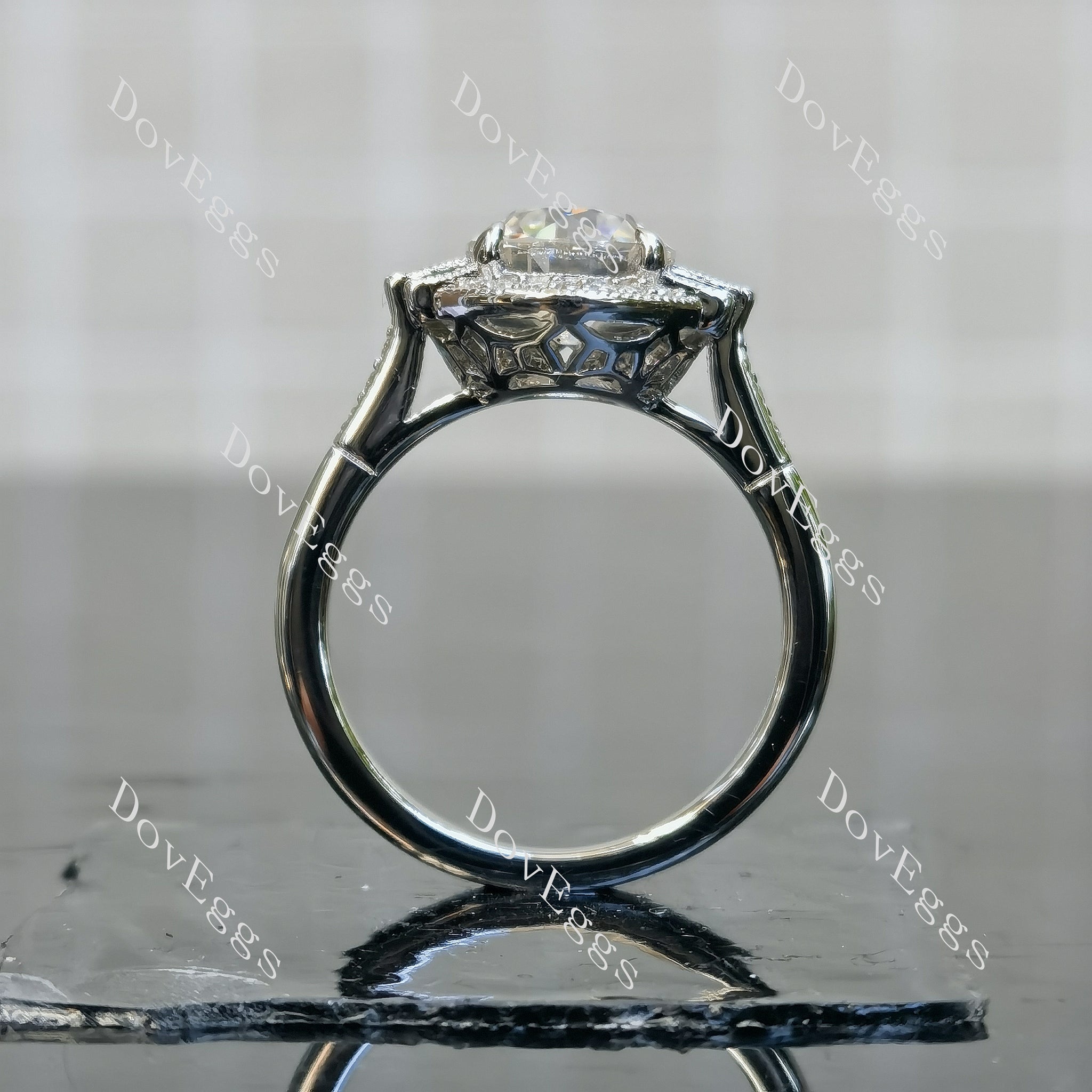 Doveggs round halo atr deco moissanite engagement ring