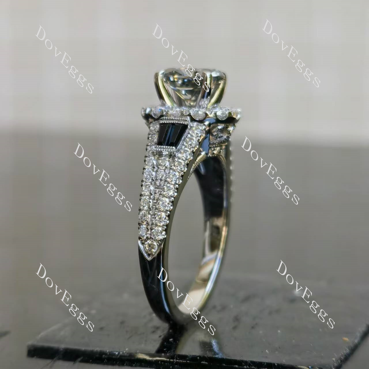 Trayce oval halo pave vintage stardust grey moissanite engagement ring