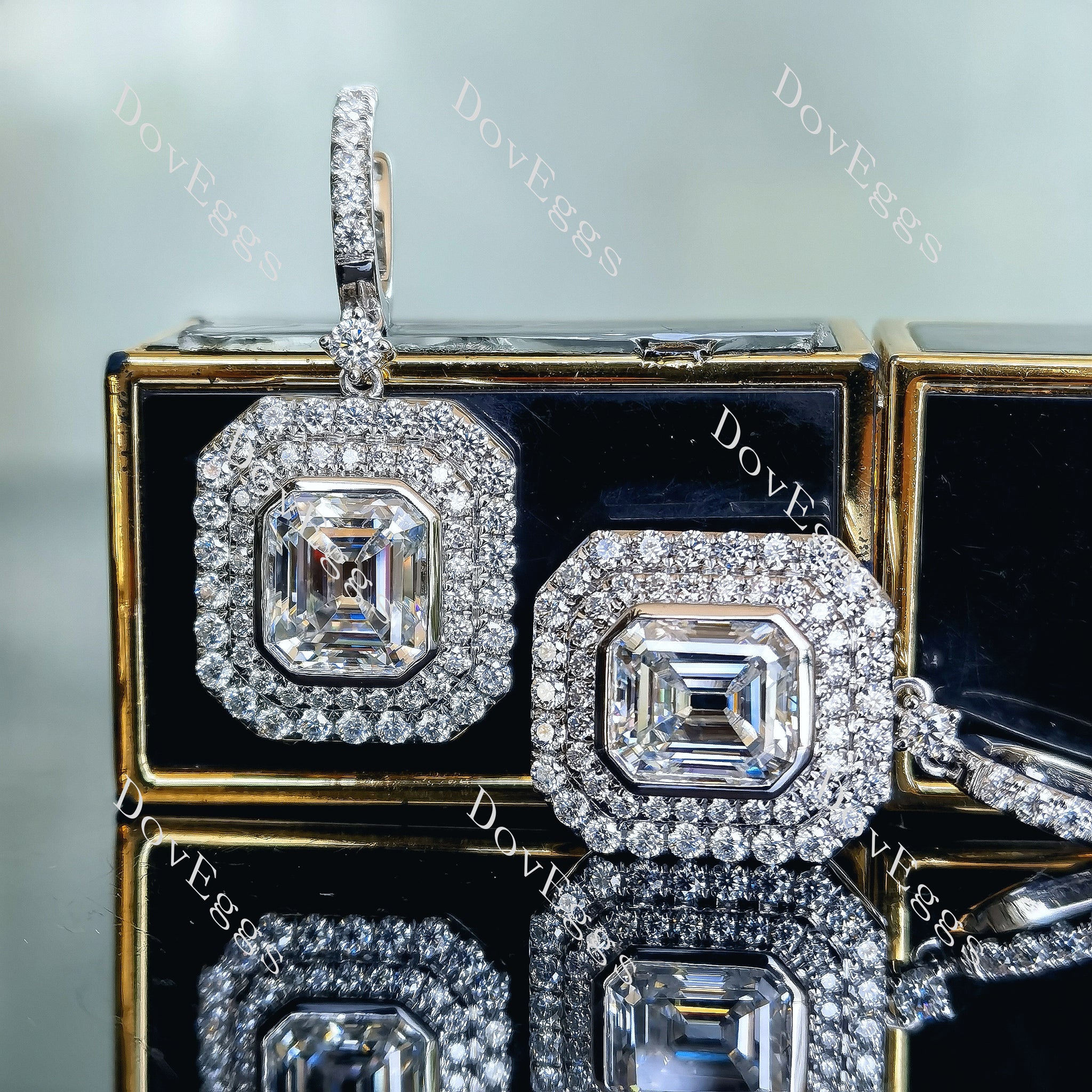 Doveggs Elizabeth Taylor Krupp cut bezel halo moissanite earrings