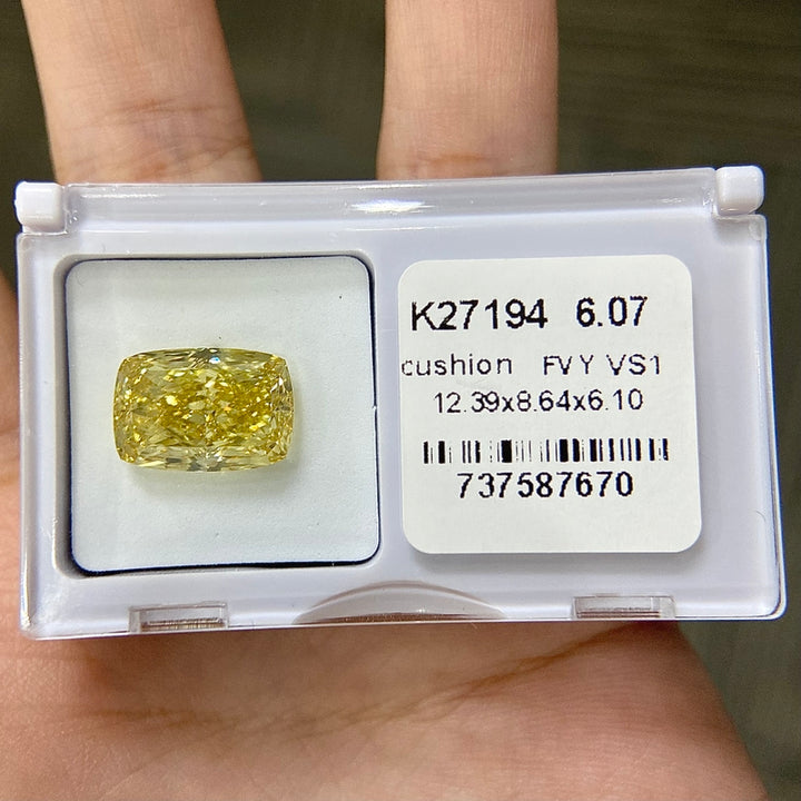 DovEggs 6.07ct cushion fancy vivid yellow VS1-LAB GROWN DIAMOND-K27194