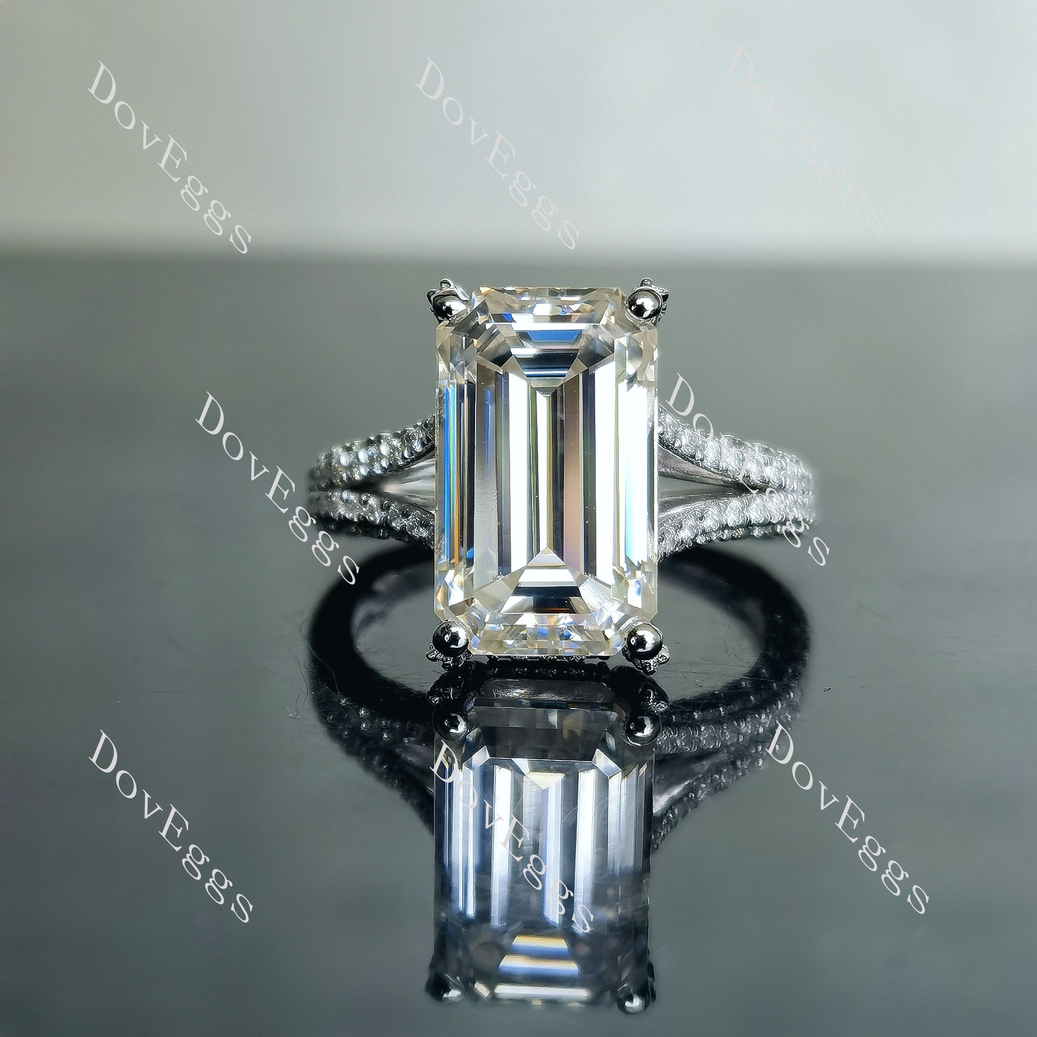 Doveggs elongated emerald half eternity pave split shank moissanite ring