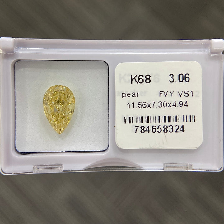 DovEggs 3.06ct pear fancy vivid yellow VS1-LAB GROWN DIAMOND-K68