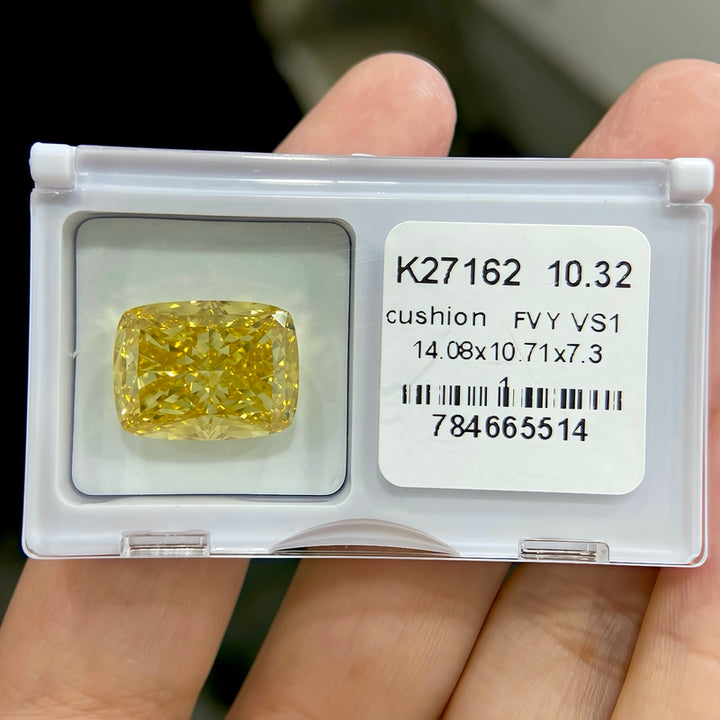 DovEggs 10.32ct cushion fancy vivid yellow VS1-LAB GROWN DIAMOND-K27162