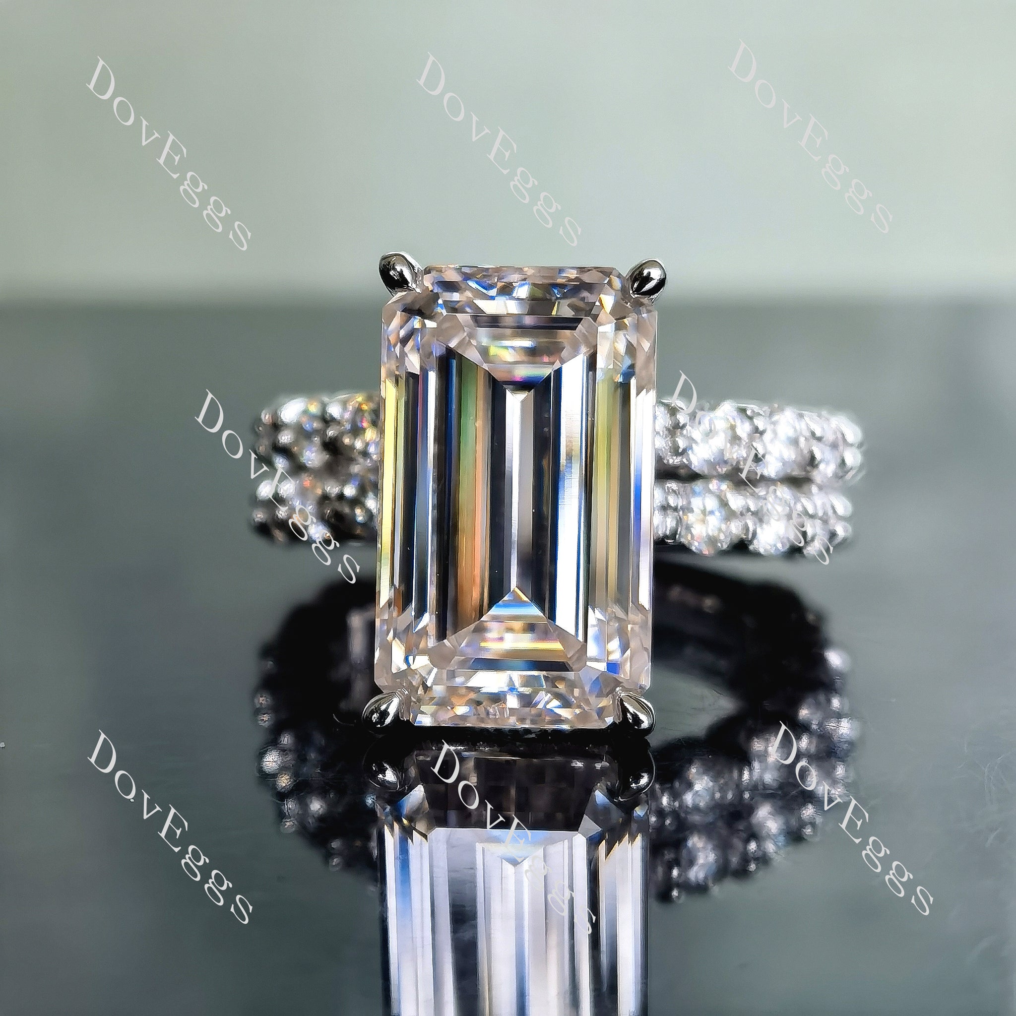 Doveggs elongated emerald pave moissanite bridal set (2 rings)
